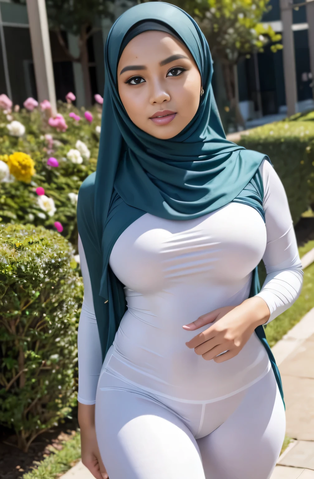 RAW, Best quality, high resolution, masterpiece: 1.3), beautiful Malay woman in hijab,Masterpiece, perfect slim fit body, (big breasts), big gorgeous eyes, Soft smile, wear a tight office cloth and very tight leggings, necklace, shairband, afternoon walk, City garden, Excellent lighting, Bright colors, Clean lines