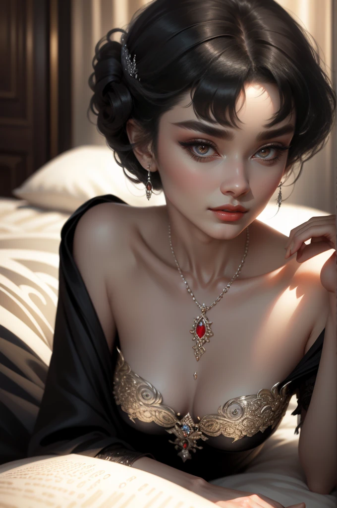 (Masterpiece - Ultra-Detailed, High Resolution) Prepare to be enchanted by a true masterpiece that combines ultra-detailed art with high-resolution rendering. This work shows a mesmerizing woman, with short, black hair, 1928s style,  Audrey Hepburn (1.3) and captivating dark brown eyes (1.2), New York illustration style, wearing red lipstick, emanating an aura of elegance and mystery. Wearing classic victorian dress 1928s clothing.  Intricate details and realistic textures invite you to explore every aspect of this enchanting composition. Black dress. reading, writing, walking, backwards, lying down, standing, dynamic poses, mouth closed. Different posture , dynamic poses, mouth closed. Different posture, with chin resting on shoulder. Perfect fingers. Get ready to dive into a world where beauty and craftsmanship merge perfectly.