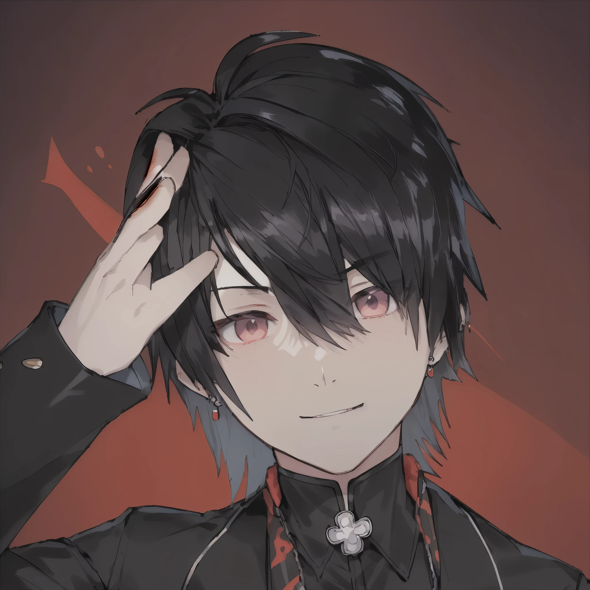 masterpiece,high quality,best quality,(1 man),
high definition characters、8K、highest quality、best details、
male、Dealer Clothing、One clover mark on the collar、spiky black hair、smile gently、A handsome man with sharp eyebrows、moon-shaped earrings、[vtuber]、anime boy with black hair and black jacket holding his hand on his head, inspired by Okumura Masanobu, inspired by Okumura Togyu, sui ishida with black hair, handsome anime pose, fukaya yuichiro, boy has short black hair, kentaro miura style, inspired by Hisui Sugiura, anime handsome man