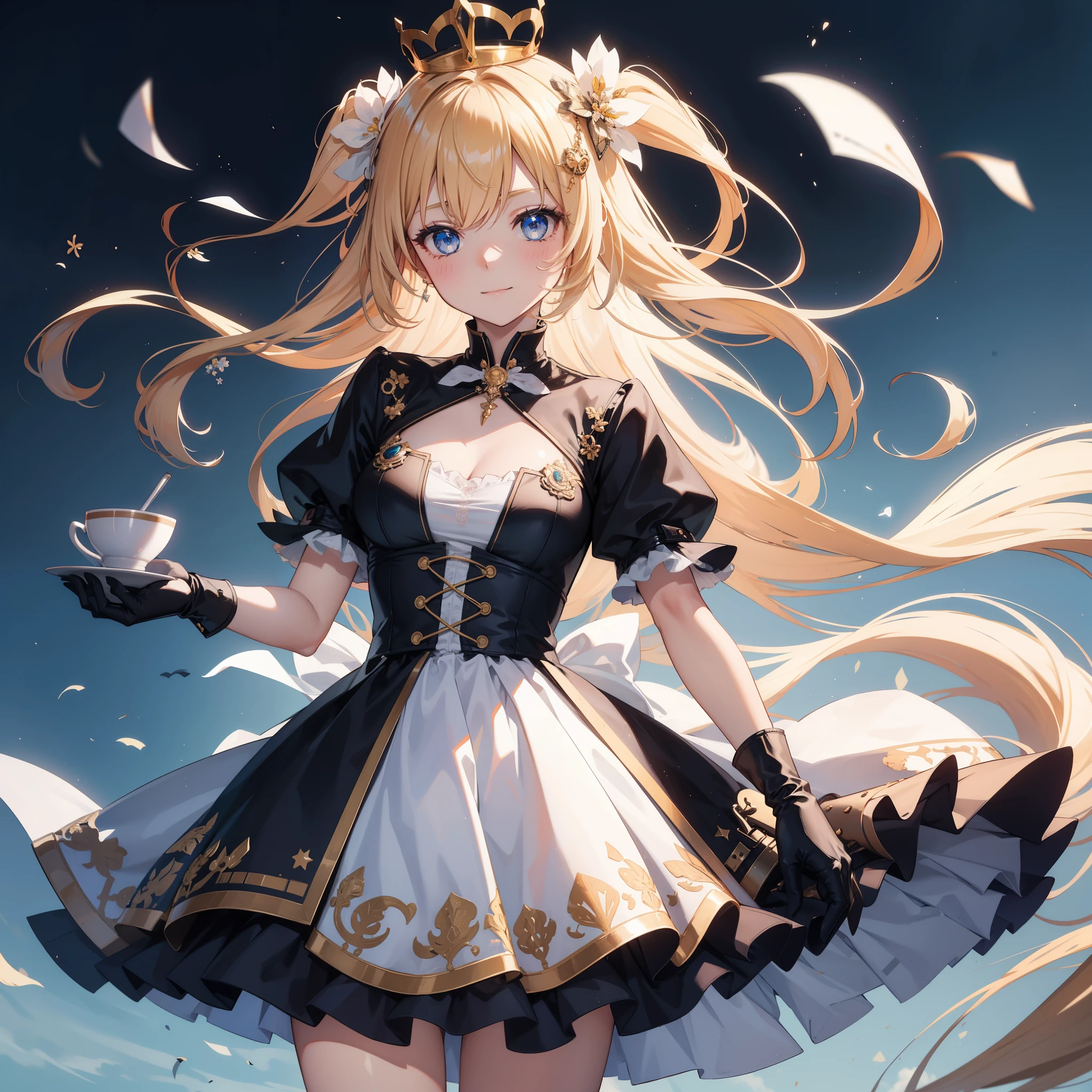 rating:safe, 1girl, long_hair, blonde_hair, blue_eyes, smile, traditional_media, solo, gloves, eyebrows_visible_through_hair, looking_at_viewer, blush, marker_(medium), hair_ribbon, white_gloves, very_long_hair, hair_ornament, ribbon, crown, bangs, hair_between_eyes, closed_mouth, short_sleeves, mini_crown, hair_flower, cup