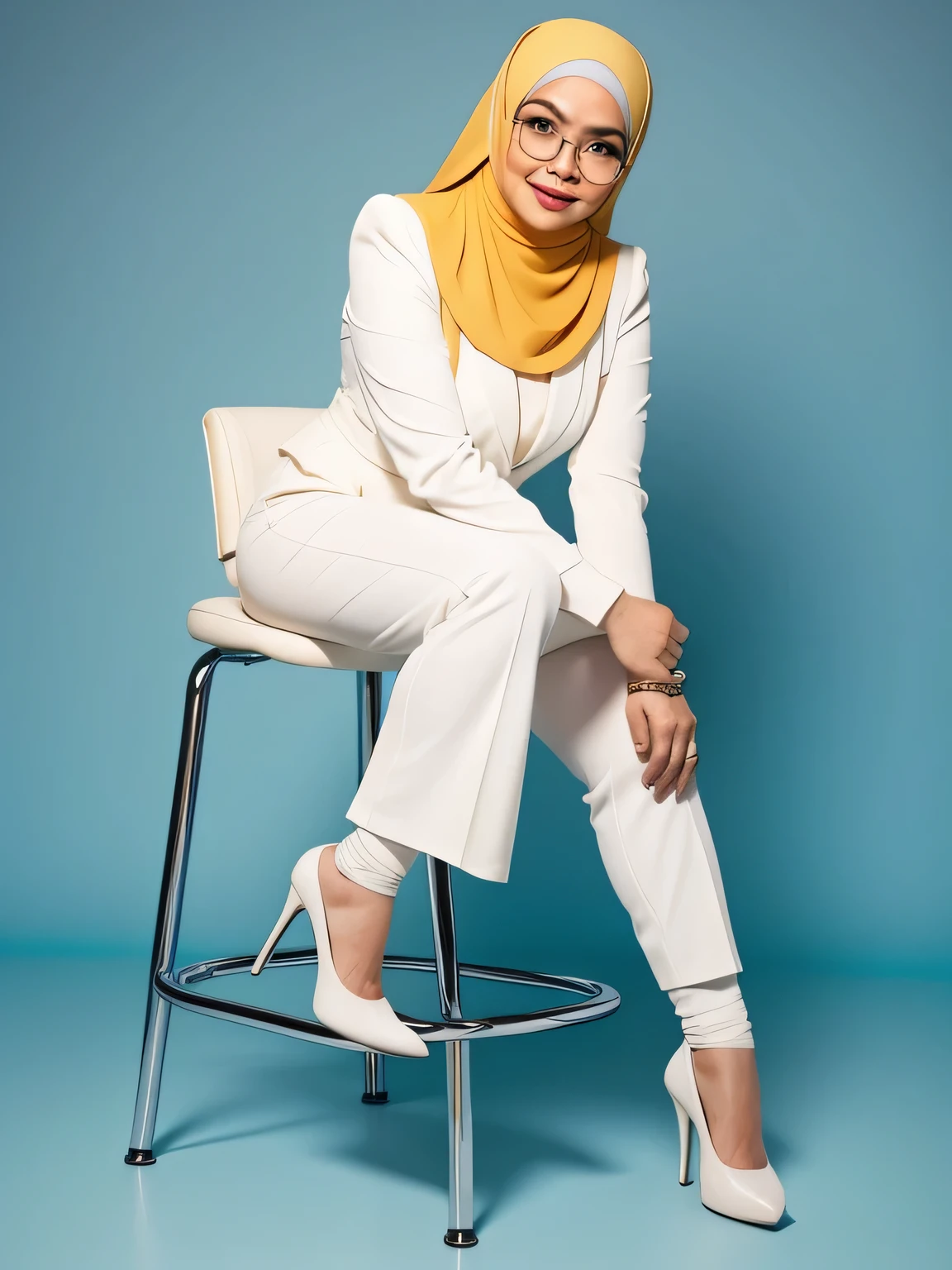 Malay woman in front of a yellow and light blue background seating on a high studio stool, glasses, hijab, white high heels, sexy, high to knee socks,
