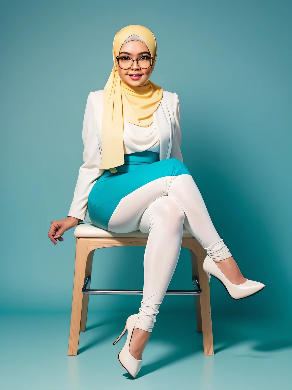 Malay woman in front of a yellow and light blue background seating on a high studio stool, glasses, hijab, white high heels, sexy, high to knee socks,