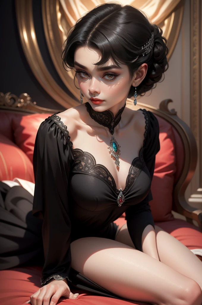 (Masterpiece - Ultra-Detailed, High Resolution) Prepare to be enchanted by a true masterpiece that combines ultra-detailed art with high-resolution rendering. This work shows a mesmerizing woman, with short, black hair, 1928s style,  Audrey Hepburn (1.3) and captivating dark brown eyes (1.2), New York illustration style, wearing red lipstick, emanating an aura of elegance and mystery. Wearing classic victorian dress 1928s clothing.  Intricate details and realistic textures invite you to explore every aspect of this enchanting composition. Black dress. reading, writing, walking, backwards, lying down, standing, dynamic poses, mouth closed. Different posture , dynamic poses, mouth closed. Different posture, with chin resting on shoulder. Perfect fingers. Get ready to dive into a world where beauty and craftsmanship merge perfectly.