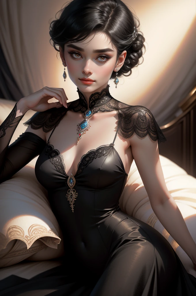 (Masterpiece - Ultra-Detailed, High Resolution) Prepare to be enchanted by a true masterpiece that combines ultra-detailed art with high-resolution rendering. This work shows a mesmerizing woman, with short, black hair, 1928s style,  Audrey Hepburn (1.3) and captivating dark brown eyes (1.2), New York illustration style, wearing red lipstick, emanating an aura of elegance and mystery. Wearing classic victorian dress 1928s clothing.  Intricate details and realistic textures invite you to explore every aspect of this enchanting composition. Black dress. reading, writing, walking, backwards, lying down, standing, dynamic poses, mouth closed. Different posture , dynamic poses, mouth closed. Different posture, with chin resting on shoulder. Perfect fingers. Get ready to dive into a world where beauty and craftsmanship merge perfectly.