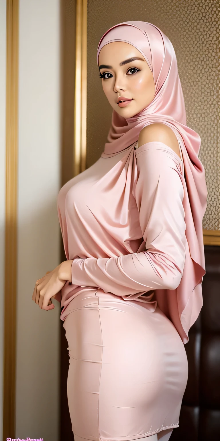 1 matured malay girl with short brown hair, ((wear satin pink off shoulder shirt)), ((((wear satin skrit))), in the living room, upper body, ((medium breast:1.1)), seducing, sexy pose, (8k, RAW photo, best quality, masterpiece:1.2), (realistic, photo-realistic:1.37), extremely detailed fully erected nipples, (()), ((breast cleavage:1.1)), ((extremely detailed erected nipples: 1.1)), slim hips, huge buttocks, upper body photo, brown hair visible