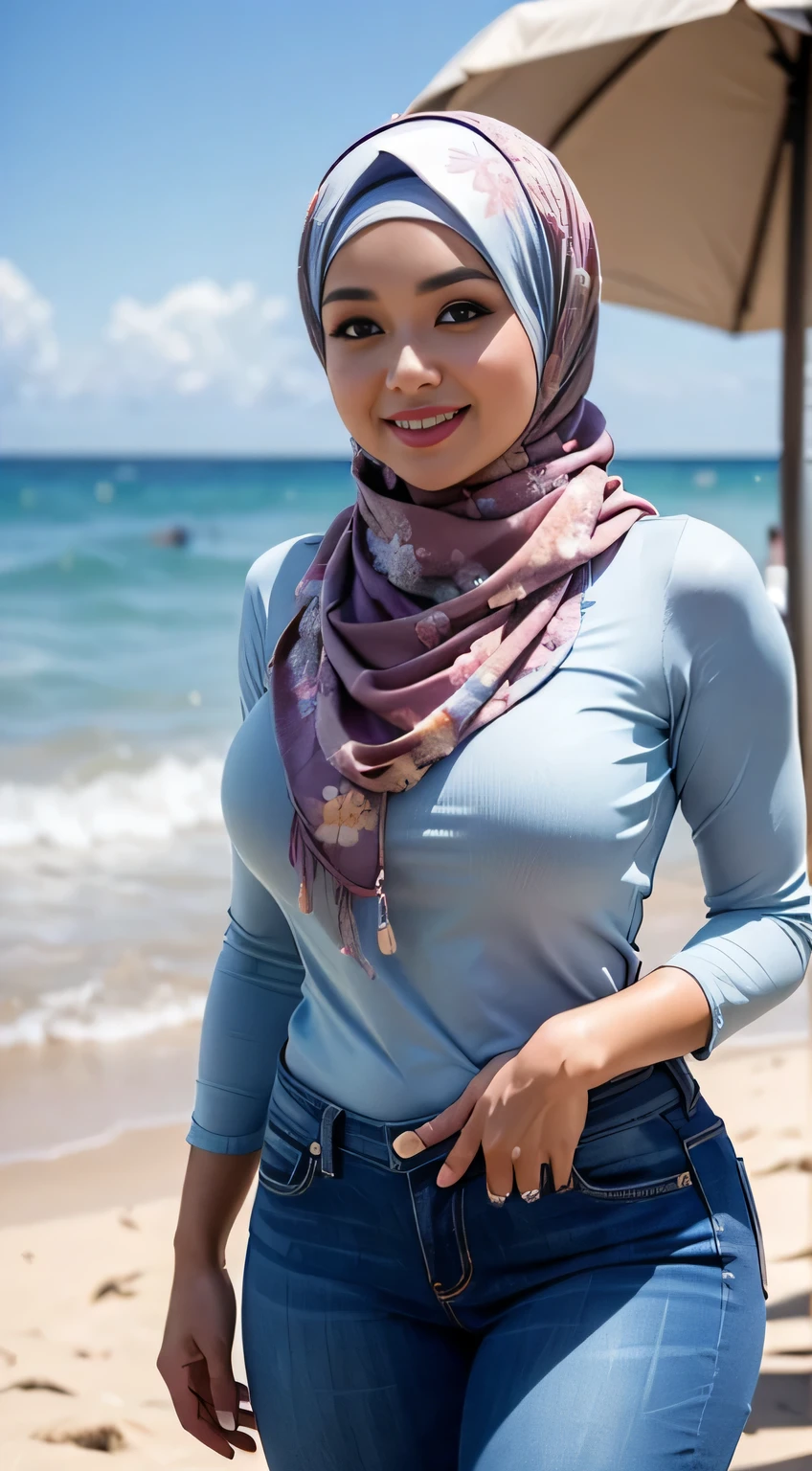 RAW, Best quality, high resolution, Masterpiece: 1.3), Beautiful Malay woman in hijab, Masterpiece, Perfect slim body, Beautiful big eyes, Watery eyes, Soft smile, Wet lips, big breasts, ((wearing a tight long kebaya with patterned pastel flowers covered hijab, jacked)), simple diamond necklace, ((covered clothes), ((simple clothes)),((wearing tight denim jeans)), full body, smiling, breezy, skin details, skin texture details, thick thighs, sexy body , morning time, smiling, happy, bright sunshine, sea beach, blurred background, bokeh