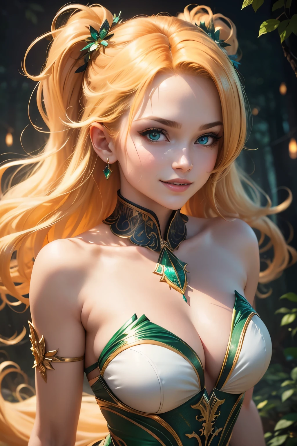 (Better quality, masterpiece-worthy, Colorful and vibrant, Dynamic angle, ultra-detailed) upper body shot:
A stunning upper body photograph featuring a captivating character with emerald green eyes and golden blonde hair, adorned with an intricate hair ornament. Her short, bouncy hair is perfectly styled with pomade, giving it a glossy finish. A mischievous grin plays on her lips as she strikes a dynamic pose, showcasing the complex features of her upper body. The lighting is exquisite, casting a warm, ethereal glow against the fantasy forest backdrop, with small flowers beautifully illuminated by the moonlight. The overall composition