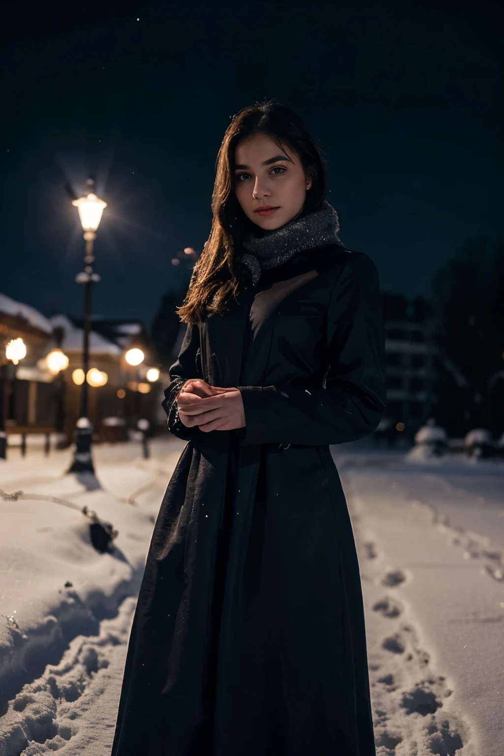 Intense girl, night elegant dress, trapped on snow, night background, unfocused background, intense shinning