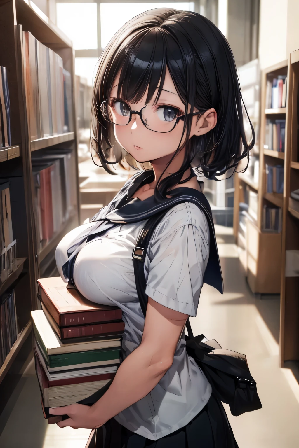 (masterpiece, best quality, highly detailed, ultra detailed, high resolution, absurdres, 4K, 8K:1.2), (official art, incredibly fine illustration, extremely detailed CG, detailed background, professional lighting, dynamic angle, perfect hands, detailed shiny skin, detailed hair, detailed eyes), library, Girl in uniform, serafuku, White shirt, Black skirt, Black short hair, Shiny hair, Shiny skin, carried breast rest
carrying, stack of books, medium breasts, glasses