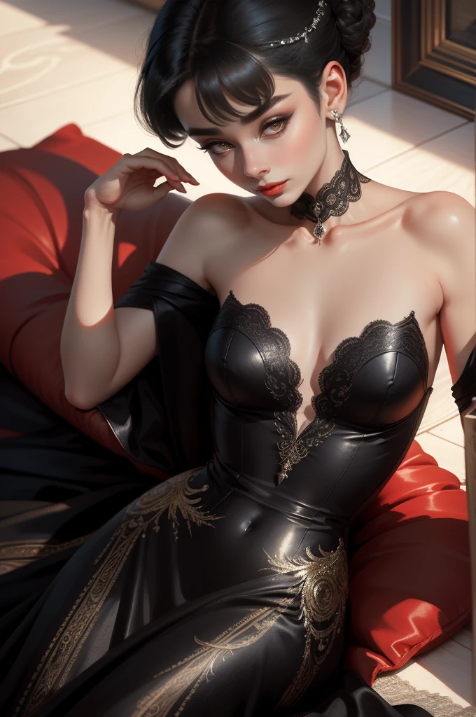(Masterpiece - Ultra-Detailed, High Resolution) Prepare to be enchanted by a true masterpiece that combines ultra-detailed art with high-resolution rendering. This work shows a mesmerizing woman, with short, black hair, 1928s style,  Audrey Hepburn (1.3) and captivating dark brown eyes (1.2), New York illustration style, wearing red lipstick, emanating an aura of elegance and mystery. Wearing classic victorian dress 1928s clothing.  Intricate details and realistic textures invite you to explore every aspect of this enchanting composition. Black dress. reading, writing, walking, backwards, lying down, standing, dynamic poses, mouth closed. Different posture , dynamic poses, mouth closed. Different posture, with chin resting on shoulder. Perfect fingers. Get ready to dive into a world where beauty and craftsmanship merge perfectly.
