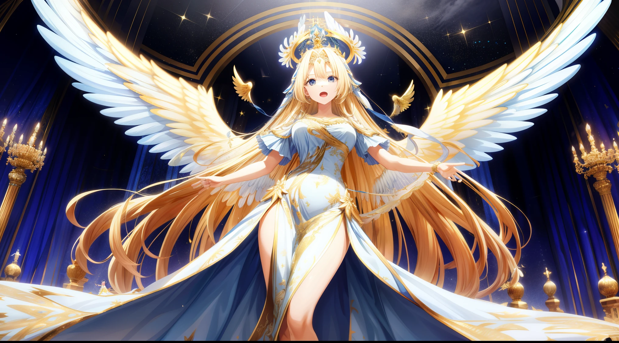 (absurd, high resolution), (panorama) (1 female), middle-aged, long blonde hair, (blue and white dress), golden decoration, (tall), open mouth, 3 pairs of huge wings, broad arms, angel, palace, powerful, majestic, intense luster, white-gold dress, exquisite clothes, streamers, golden magic all over the body,