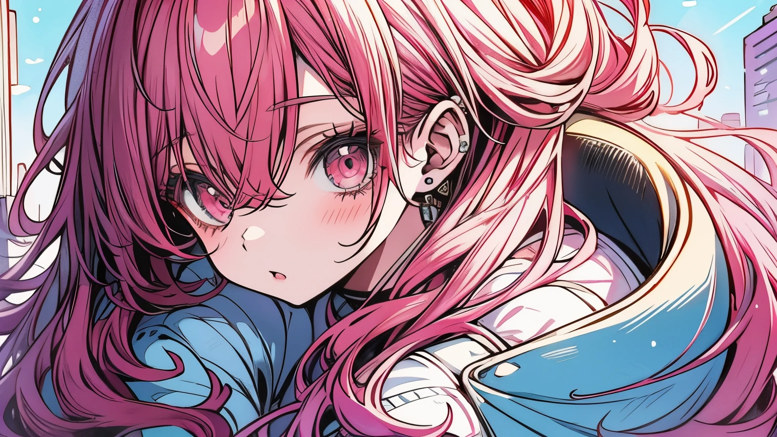 Una chica anime, hermosa, cabello rosado, ojos celestes, ojos hermosos y definidos, vestimenta rosada moderna, en ciudad de fondo, hermoso, graficos muy detallados, arte estilo moderno
