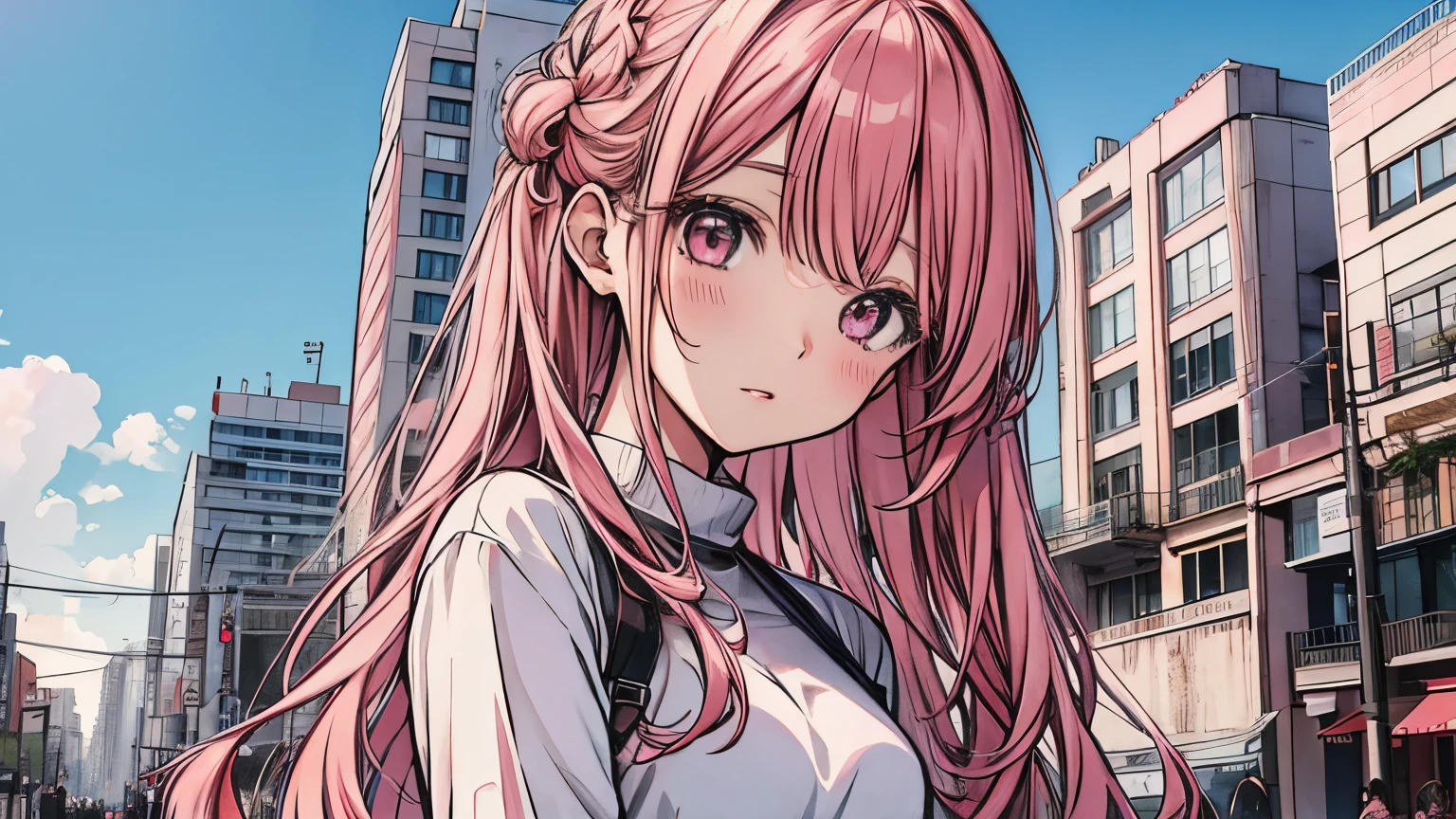 Una chica anime, hermosa, cabello rosado, ojos celestes, ojos hermosos y definidos, vestimenta rosada moderna, en ciudad de fondo, hermoso, graficos muy detallados, arte estilo moderno