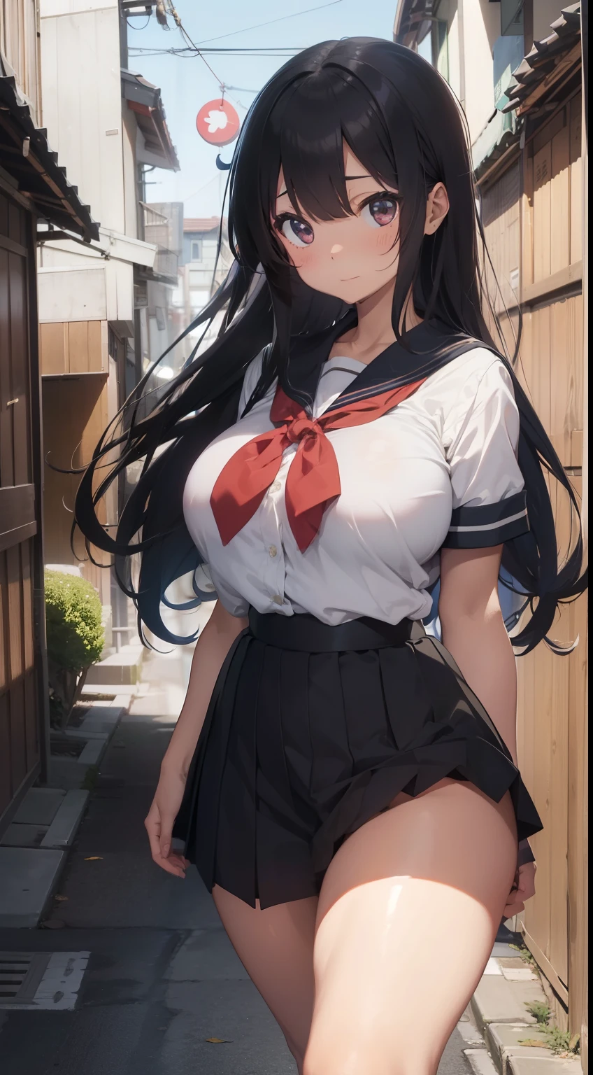 Cute girl with ridiculously huge breasts,Ultramammy,huge gigantic breasts,very heavily hanging udder,well-muscled,Walk facing this way,Japan Sailor School Uniform,black long hair,A delightful, emotionless,Alleys in residential areas