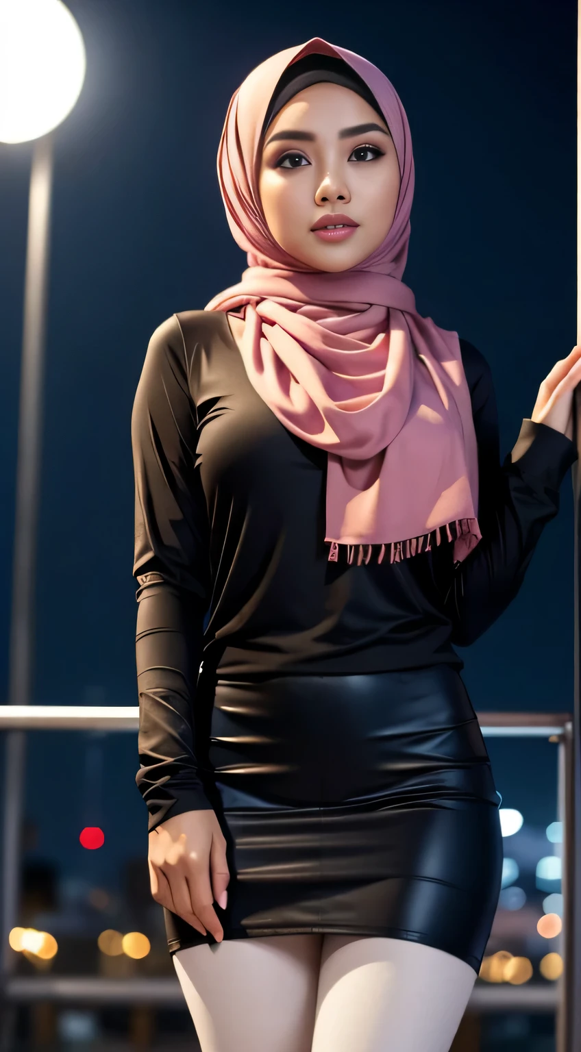 RAW, Best quality, high resolution, masterpiece: 1.3), Beautiful Malay woman in hijab (iu:0.8),looking at viewert,Portrait photography of a beautiful young malay girl in hijab wearing tight long sleeve tshirt and short skirt with leggings celebrate birthday, big breast,Detailed eyes, Standing on the night club stage, diffuselighting, depth of fields