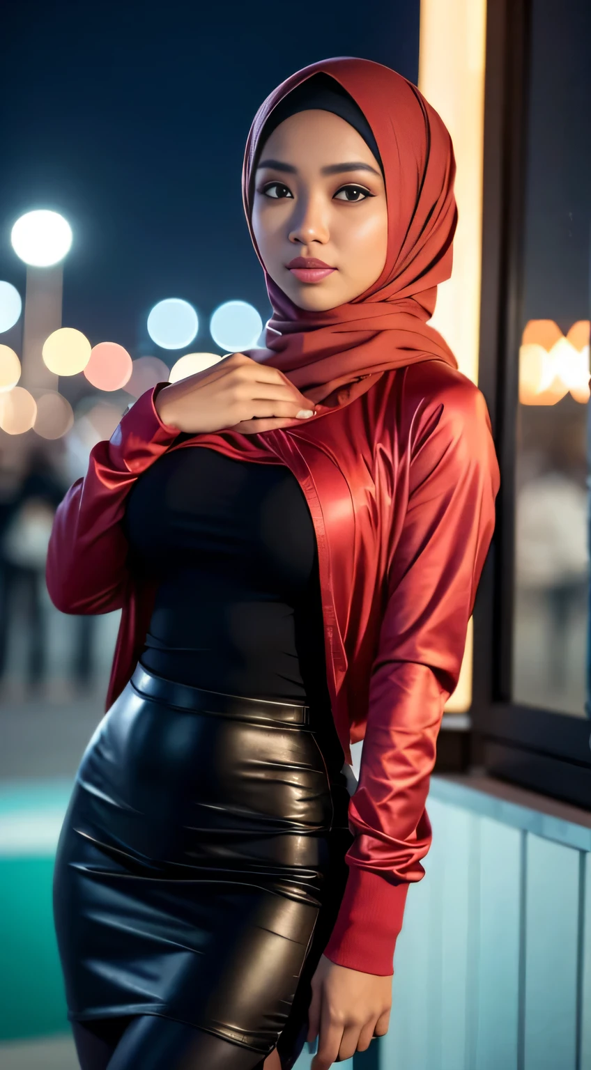 RAW, Best quality, high resolution, masterpiece: 1.3), Beautiful Malay woman in hijab (iu:0.8),looking at viewert，Portrait photography of a beautiful young malay girl in hijab wearing tight long sleeve tshirt and short skirt with leggings celebrate birthday, big breast，Detailed eyes, Standing on the night club stage， diffuselighting, depth of fields