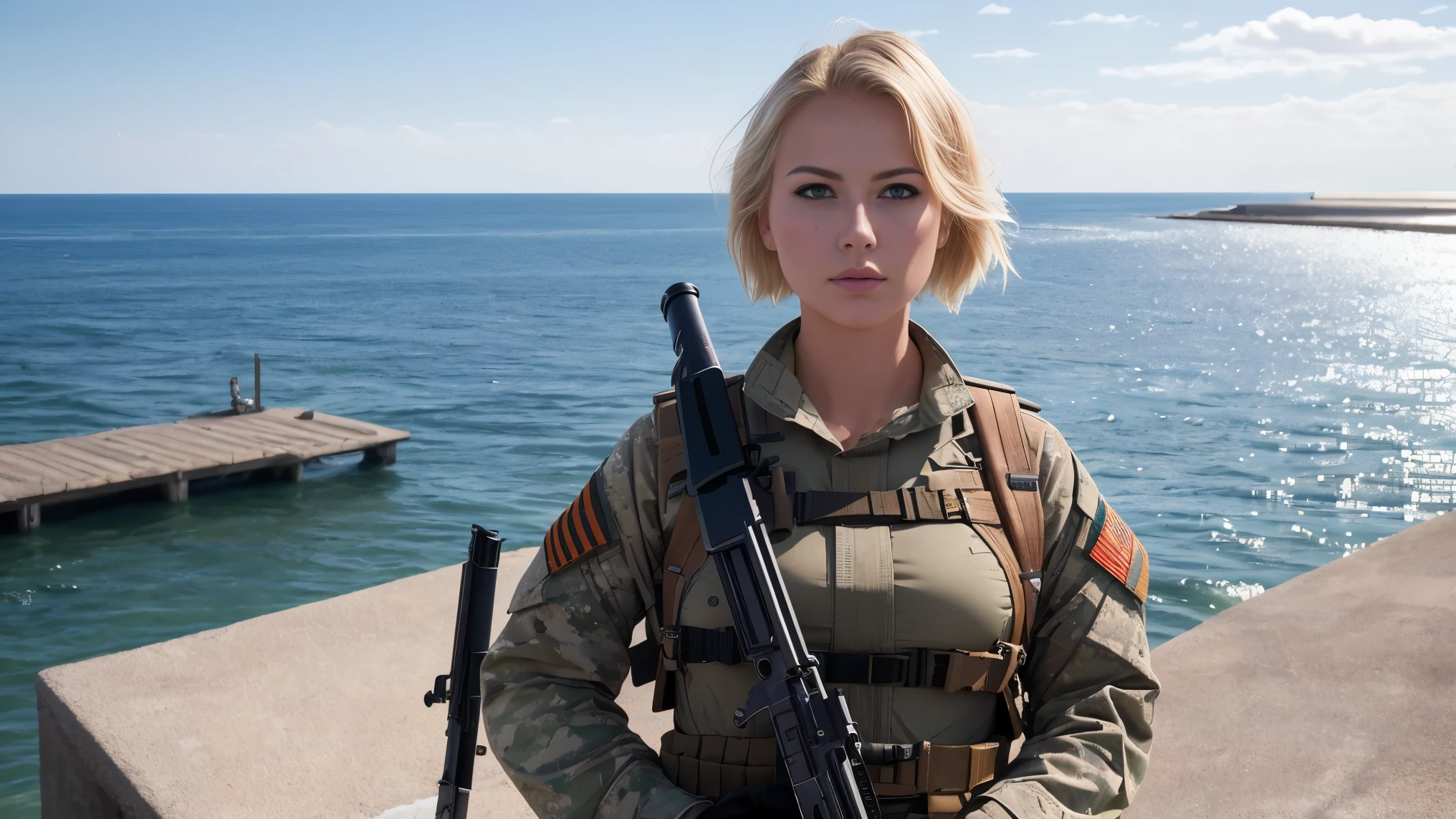 Absurd resolution, high resolution, (masterpiece: 1.4), hyper-detail, weapons testing site at an empty dock by the sea, 1 young woman, short blonde hair, soldier costume, very serious expression. Sony a9 II, 28mm wide angle lens, UHD