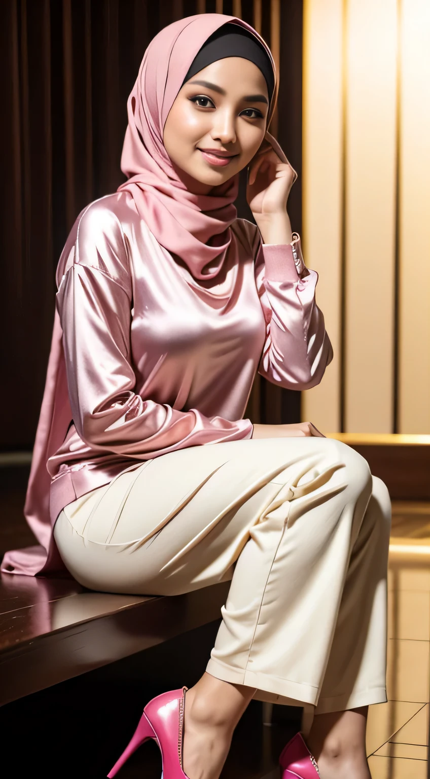 RAW, Best quality, high resolution, masterpiece: 1.3), beautiful Malay woman in hijab (iu:0.8),Best quality, high resolution, Masterpiece: 1.3, Beautiful hijabi malay girl, Masterpiece, Soft smile, Realistic, 1girl, charming eyes, glowing eyes, cut top, dress, parted lips, blush, night, sun, sun, big breasted girl, fashion outfit, sexy feminine,wear silk kebaya pink long neck, sitting on night club stage, pullover, long pants, pink high heels, highres,4k,HDR,1girl, photorealistic, realistic,sweat skin, wet clothes, wet body, big breast, ((full body))soaked, full body picture(from head to feet), dripping, smiling at viewer,