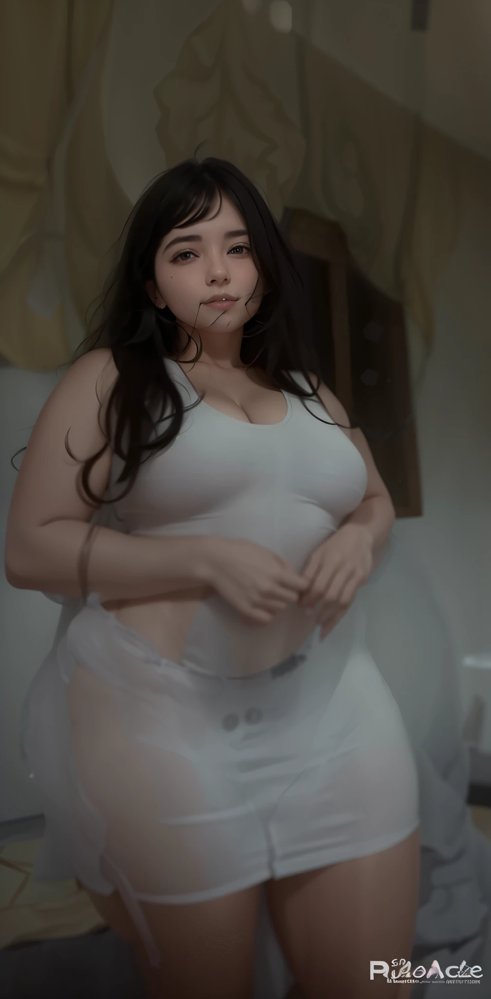 There's a woman taking a picture of herself in a mirror, vientre expuesto, grueso, foto de baja calidadgraph, foto de baja calidad, recorte de medio cuerpo, cuerpo sensual con vientre sexy, su ombligo esta expuesto, 2 4 year old female model, tiro medio cintura para arriba, foto en forma, imagen granulada pesada, foto granulada, grainy foto de baja calidadgraph