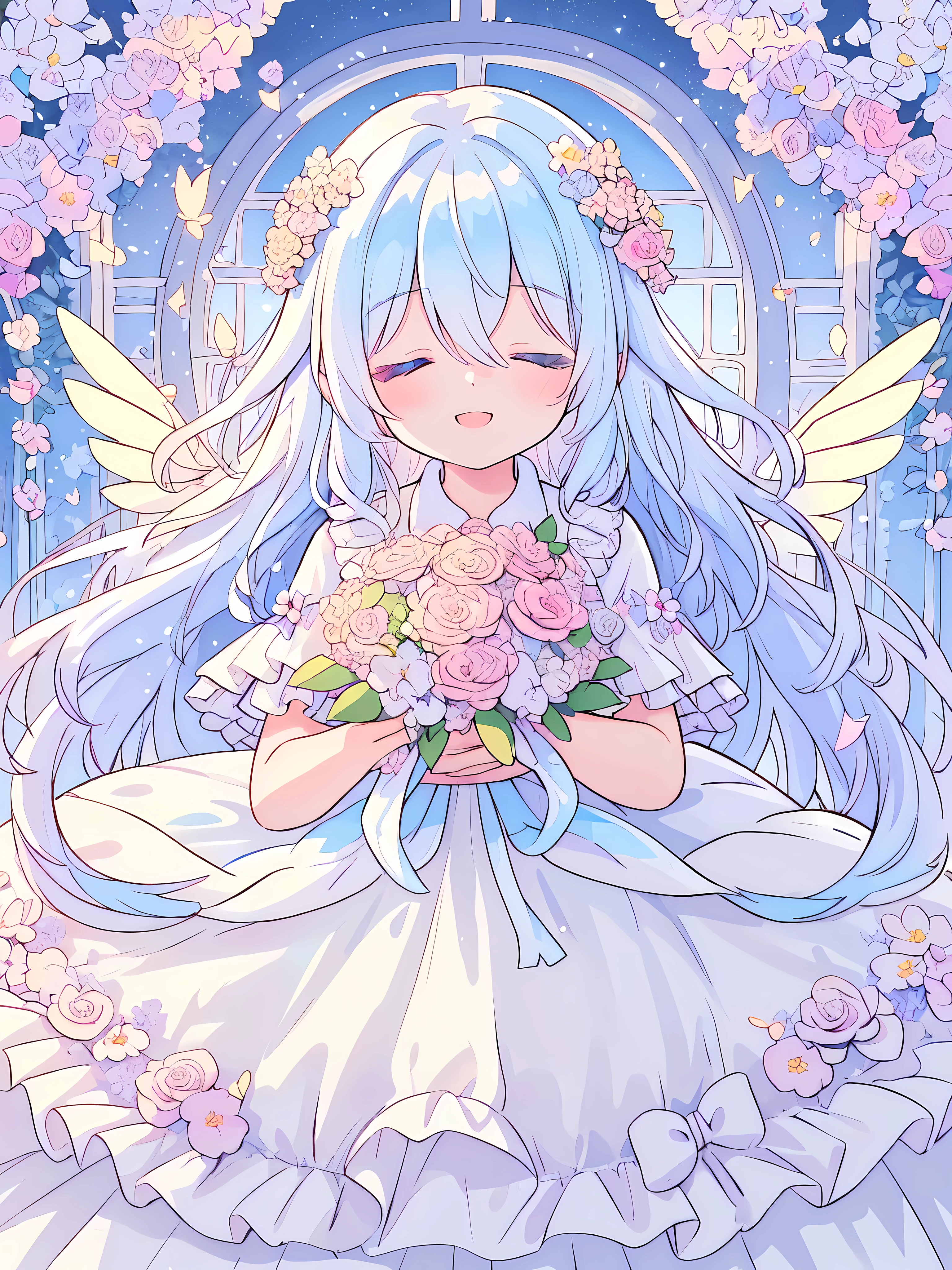 beautiful fairy girl in tiered colorful gradient ballgown dress, (highest quality,masterpiece,16K or 8K,Super detailed,gradient glitter ),(Upper body、front)、Dress with plenty of frills and flower decorations、 fairy princess、 giant white fairy wings、 Flowers and colorful plants, beautiful, masterpiece, highest quality、gradient hair, light blue hair, floating hair, wavy hair,fluffy hair、 hair in the wind, pastel wreath on head,Lavender colored eyes, long eyelashes, beautiful eyes、pointy ears, light smile, bright pupils, ((Sparkling fluffy layered ball gown)), (He closes his eyes and smiles happily with his mouth open.),((He holds in his hand a large bouquet of pastel colored flowers.))(magic, Whimsical),digital illustration, highest quality,High resolution,  romantic academia, romantic atmosphere, fantasy, white background, With roses, with trees, in the flower field, In the rose garden, Happy, laughter,