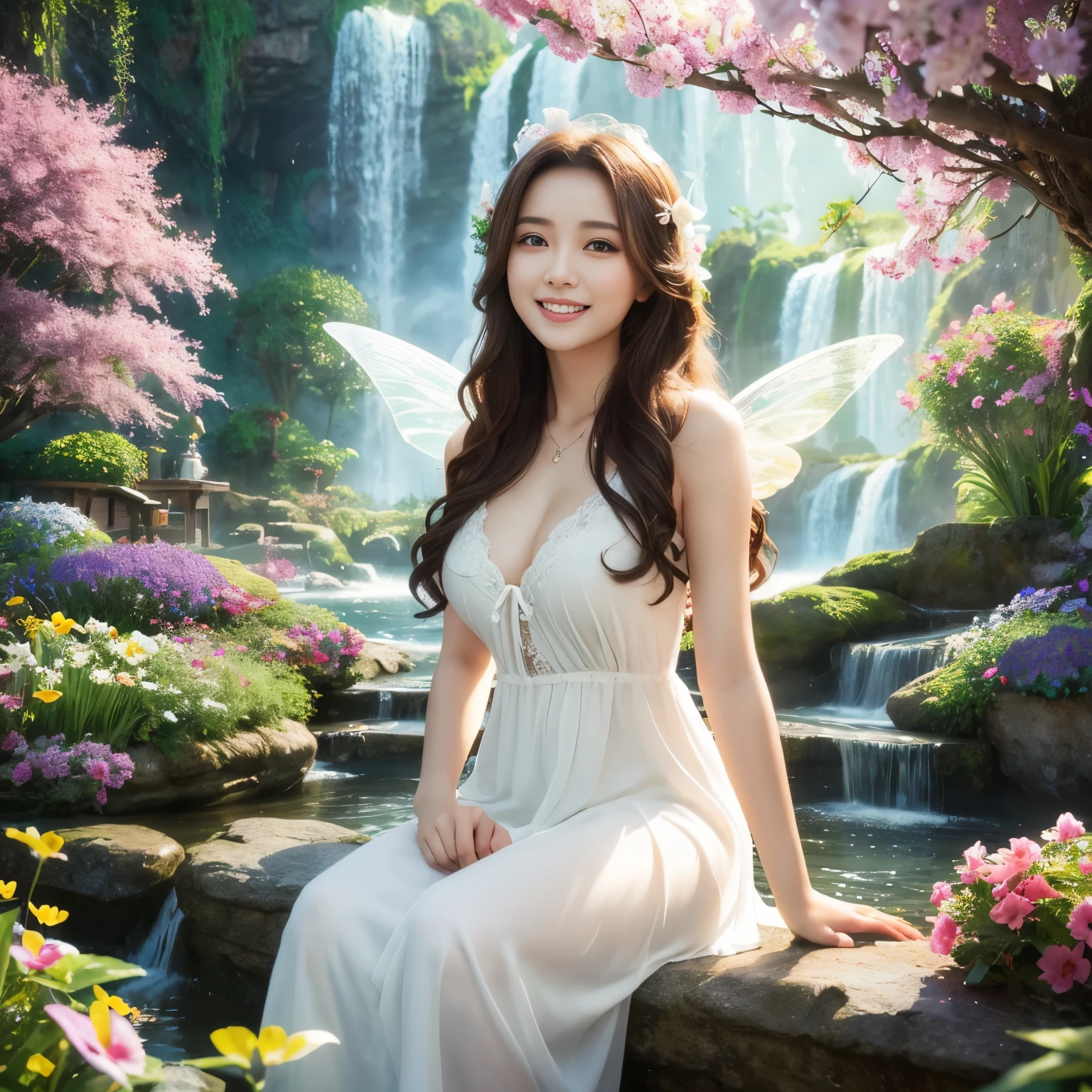 (highest quality、table top、8K、best image quality、hyper realism)、Beauty、highly detailed face、upper body photo、big breasts、the biggest smile when you look at me, Long hair fluttering in the wind, Colorful flower garden、Colorful flower garden, white dress、accurate anatomy、Fairytale atmosphere、Fairy tale brilliance、sacred waterfall、heavenly atmosphere、beautiful butterfly々Fluttering、A treasure trove of beautiful nature、a paradise、paradise、beautiful waterfall、Shining beautiful skin