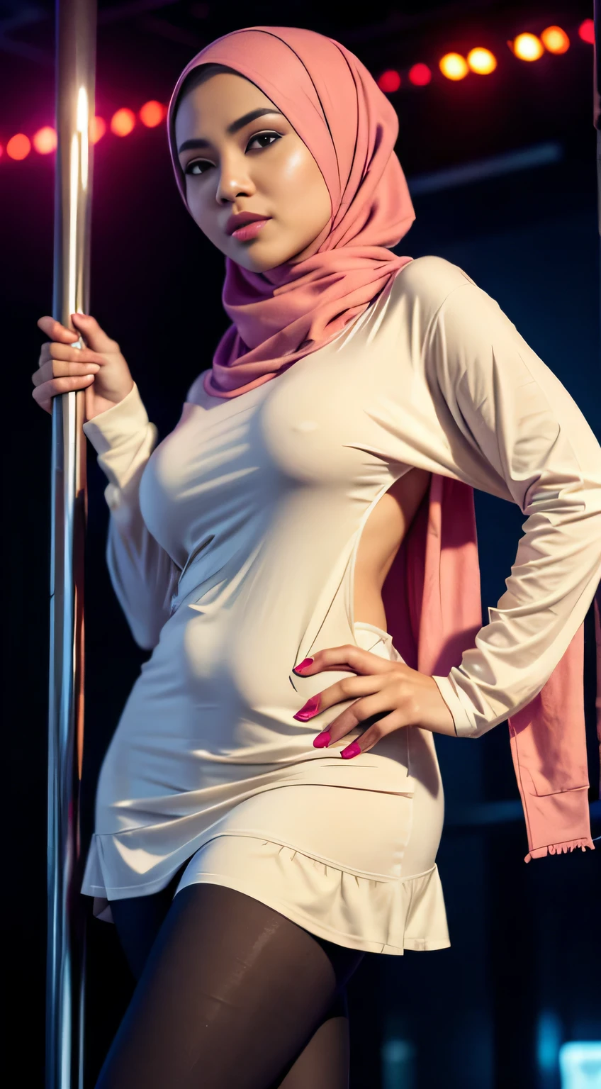 RAW, Best quality, high resolution, masterpiece: 1.3), Beautiful Malay woman in hijab (iu:0.8),looking at viewert,Portrait photography of a beautiful young malay girl in hijab wearing tight long sleeve tshirt and short skirt with leggings celebrate birthday, big breast,Detailed eyes, Standing on the stage of stripper pole, diffuselighting, depth of fields