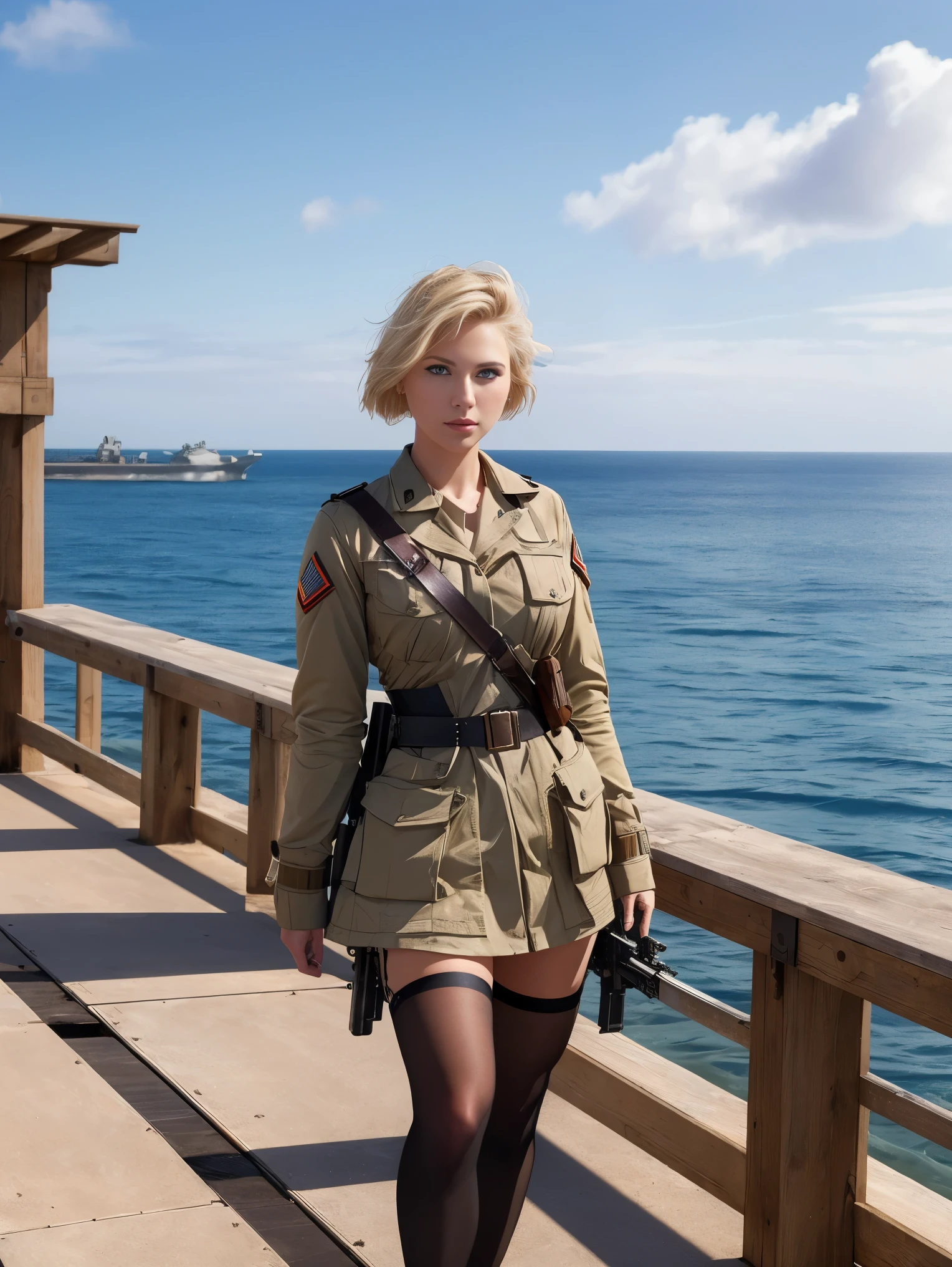 Absurd resolution, high resolution, (masterpiece: 1.4), hyper-detail, weapons testing site at an empty dock by the sea, ung woman, short blonde hair, soldier costume, very serious expression. Sony a9 II, 28mm wide angle lens, UHD