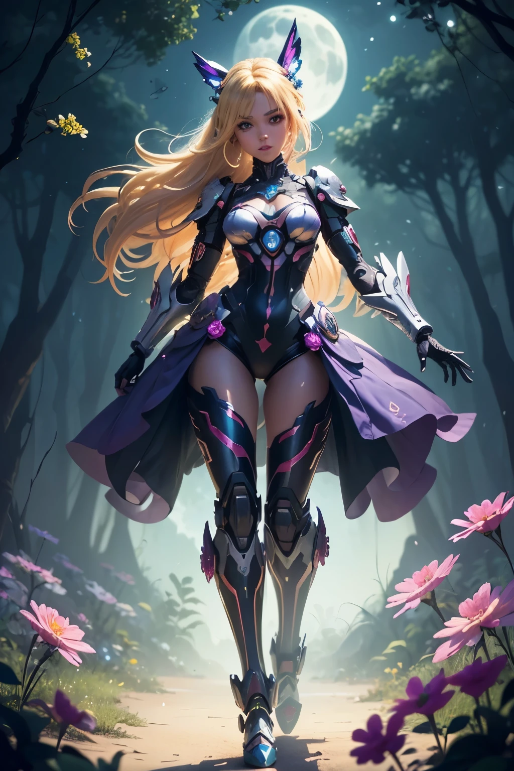 Prompt 1: (better quality, masterpiece, Colorful, Dynamic angle, mais detailed) Upper body photo of a vibrant cyber punk character with green eyes and blonde hair adorned with intricate ornaments. The image captures the character's mischievous face and perfect bobtail, surrounded by magic flowers under the moonlight. The dynamic pose showcases the character's slim, detailed figure with an extremely detailed mecha upper body, complete with complex parts and a glossy finish. The scene is set in a fantasy forest with little flowers blooming around, and the moonlight passes through the intricate details of the hair.
Prompt 2: (better quality,