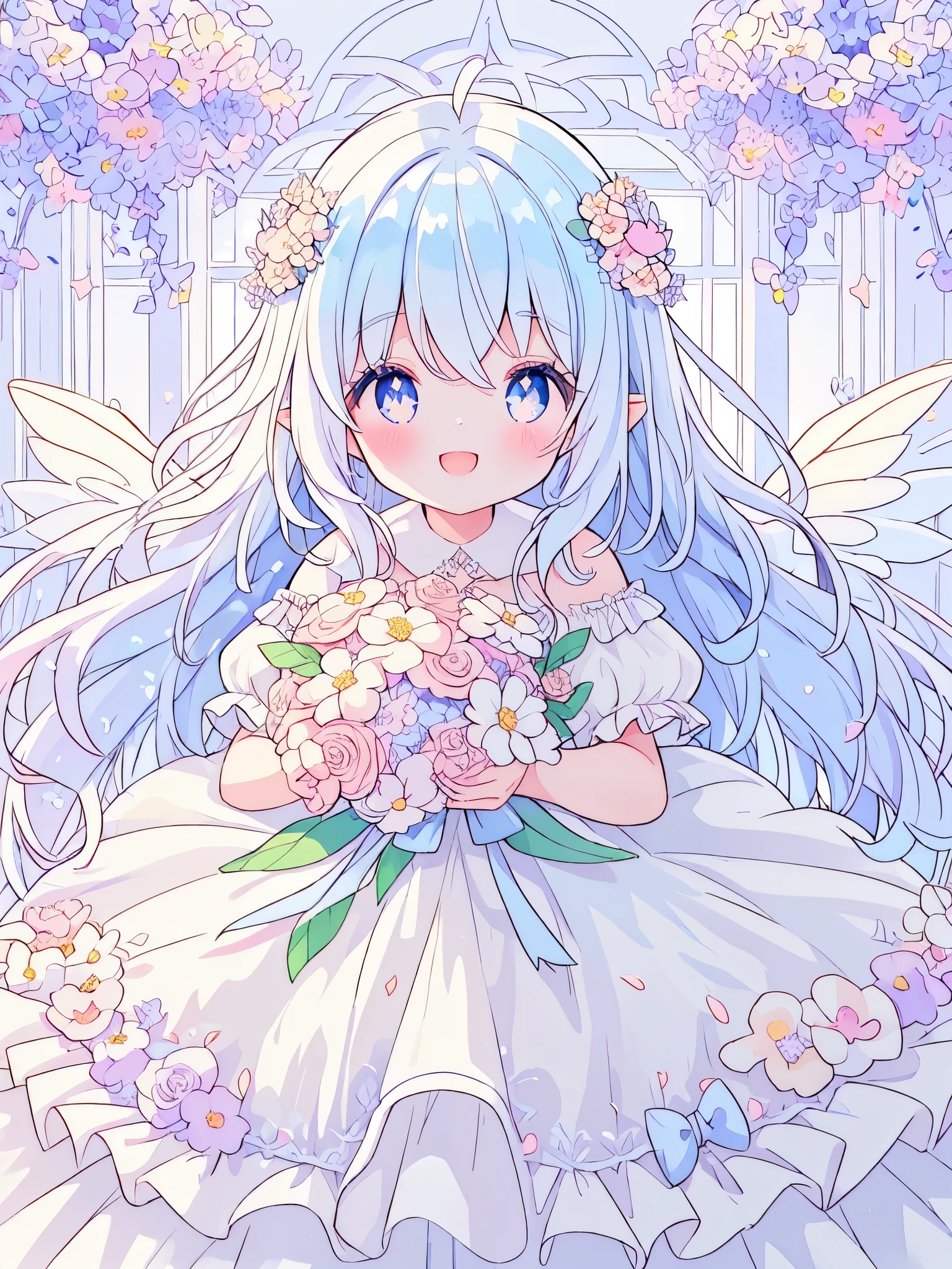 beautiful fairy girl in tiered colorful gradient ballgown dress, (highest quality,masterpiece,16K or 8K,Super detailed,gradient glitter ),(Upper body、front)、A dress decorated with lots of frills and flower decorations、 fairy princess、 giant white fairy wings、 Flowers and colorful plants, beautiful, masterpiece, highest quality、gradient hair, light blue hair, floating hair, wavy hair,fluffy hair、 Hair in the wind, pastel wreath on head,Lavender colored eyes, long eyelashes, beautiful eyes、pointed ears, light smile, bright pupils, ((Sparkling fluffy layered ball gown)), (Dazzling smile),((He holds a large bouquet of pastel colored flowers in his hand.))(magic, Whimsical),digital illustration, highest quality,High resolution,  romantic academia, romantic atmosphere, fantasy, white background, with a rose, with a tree, in the field of flowers, in the rose garden, happy, laughing,