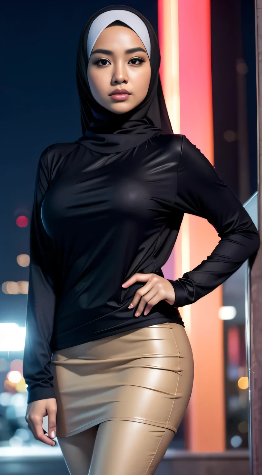 RAW, Best quality, high resolution, masterpiece: 1.3), Beautiful Malay woman in hijab (iu:0.8),looking at viewert,Portrait photography of a beautiful young malay girl in hijab wearing tight long sleeve tshirt and short skirt with leggings celebrate birthday, big breast,Detailed eyes, Standing in front of night club entrance, diffuselighting, depth of fields
