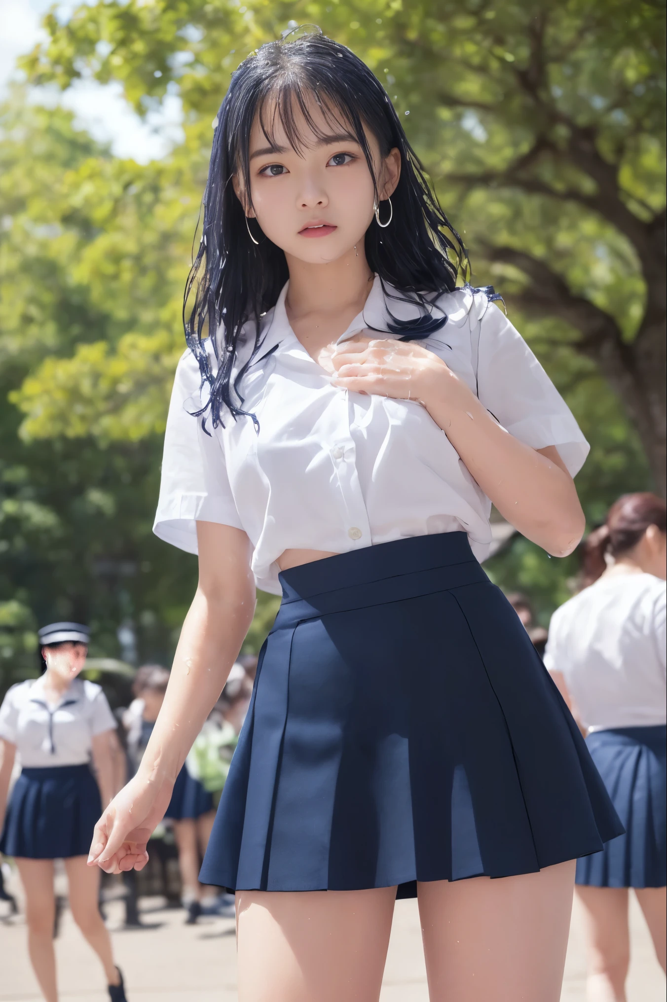 , 非常にdetailed cute girl, 20-year-old, ((highest quality、perfect extreme facial details)、(stand:1.5)、(((((Taken from the oak))))、detailed cute girl, 20-year-oldが振り返る、(When I lift up my short navy blue skirt、full nude下半身, I can see your crotch.:1.8)、(Beautiful breasts visible from the short-sleeved white shirt pulled down to the chest.:1.8)、Show ears、naked girl photoshoot、full nude、A face defeated by sadness、embarrassed and troubled face、crying eyes are full of tears、my eyes are wet with tears、I cry a lot、Take off your panties、Lower panties、nipples wet with saliva  , half body shot ,  (crowd), (crowded park) , Pee、Shyness