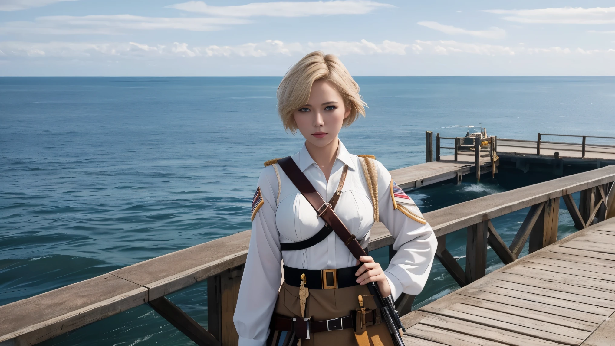 Absurd resolution, high resolution, (masterpiece: 1.4), hyper-detail, weapons testing site at an empty dock by the sea, 1 young woman, short blonde hair, soldier costume, very serious expression. Sony a9 II, 28mm wide angle lens, UHD