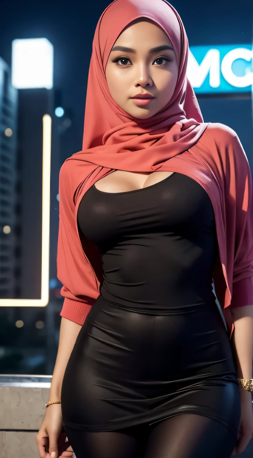RAW, Best quality, high resolution, masterpiece: 1.3), Beautiful Malay woman in hijab (iu:0.8),looking at viewert,Portrait photography of a beautiful young malay girl in hijab wearing tight and revealing bunny outfit and short skirt with leggings celebrate birthday, big breast,Detailed eyes, Standing in night club, diffuselighting, depth of fields