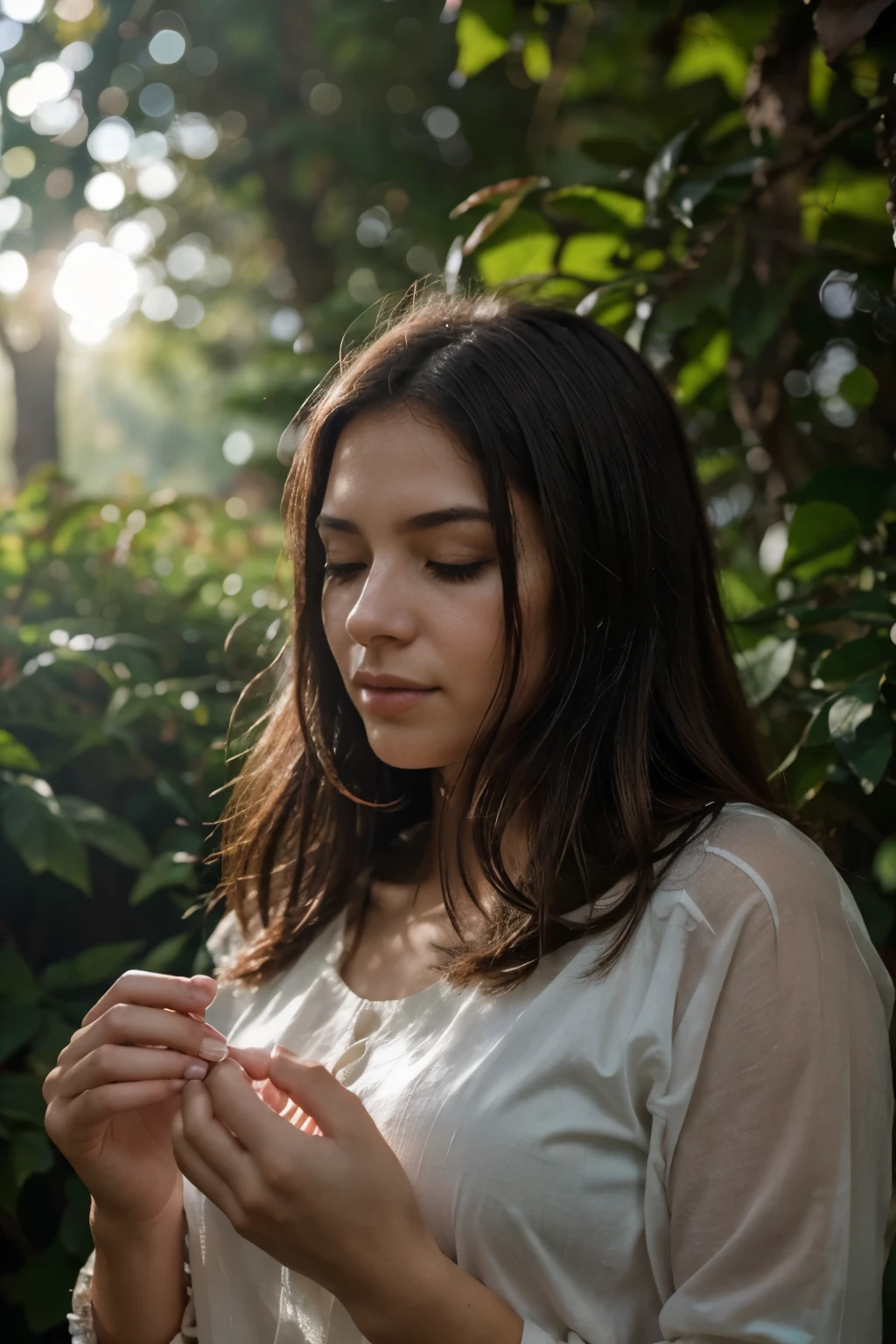 Manos de mujer con guantes grises extendidas hacia el cielo. Fingers are slightly apart and relaxed. Gloves are slightly wrinkled and show signs of use. The background is slightly out of focus and shows a lush forest with trees of different shades of green. Sunlight filters through the leaves, creando un efecto de bokeh natural. Photography conveys a feeling of peace, tranquility and connection with nature.