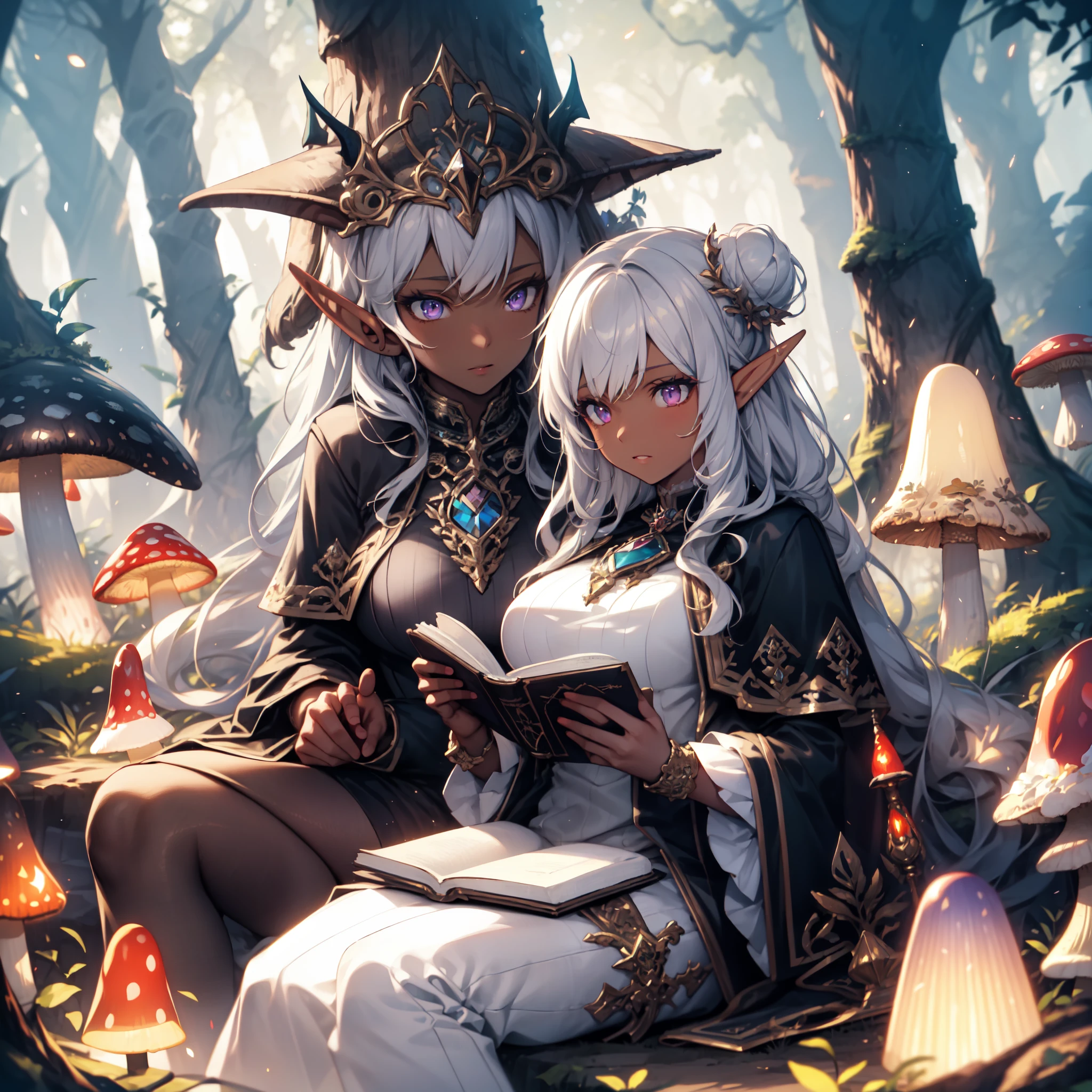 ((masterpiece)), (top quality), (best quality), ((ultra-detailed, 8k quality)), Cinematic lighting, soft semi-backlit light, (detailed line art), absurdres, (best composition), (high-resolution), Aesthetics, cel-shading,
BREAK,
A serene depiction of an dark elf leisurely ((sitting, leaning against a tree)) at mystical forest, The dark elf is engrossed in (reading:1.3) a leather-bound tome of elven poetry, while the fragrance of night-blooming flowers adds to the ethereal ambiance, adorned in intricate dark elven attire, a cloak on her shoulders, (adult:1.2), Fantasy, (mushrooms growing on trees:1.2), (glowing flowers:1.2), (firefly glow:1.25), (bioluminescent mushrooms), (mystical forest), (focused depth of field:1.2), (enchanting forest:1.15),  [cinematic dramatic atmosphere],[atmospheric perspective],
BREAK,
highly detailed of ((dark elf:1.4)), (1girl), solo, perfect face, details eye, hair Bun, (hime cut, bangs:1.2), (white shining hair:1.2), violet eyes, shining eyes, (beautiful detailed eyelashes, eyeshadow, pink eyeshadow),  serious, Concept art by Mikimoto Haruhiko, by Kawacy, By Yoshitaka Amano,
BREAK, 
((perfect anatomy)), perfect body, Abs, (medium breast), perfect hands, perfect face, beautiful face, beautiful eyes, perfect eyes, (perfect fingers, deatailed fingers), correct anatomy, perfect legs, (dark skin:1.2),