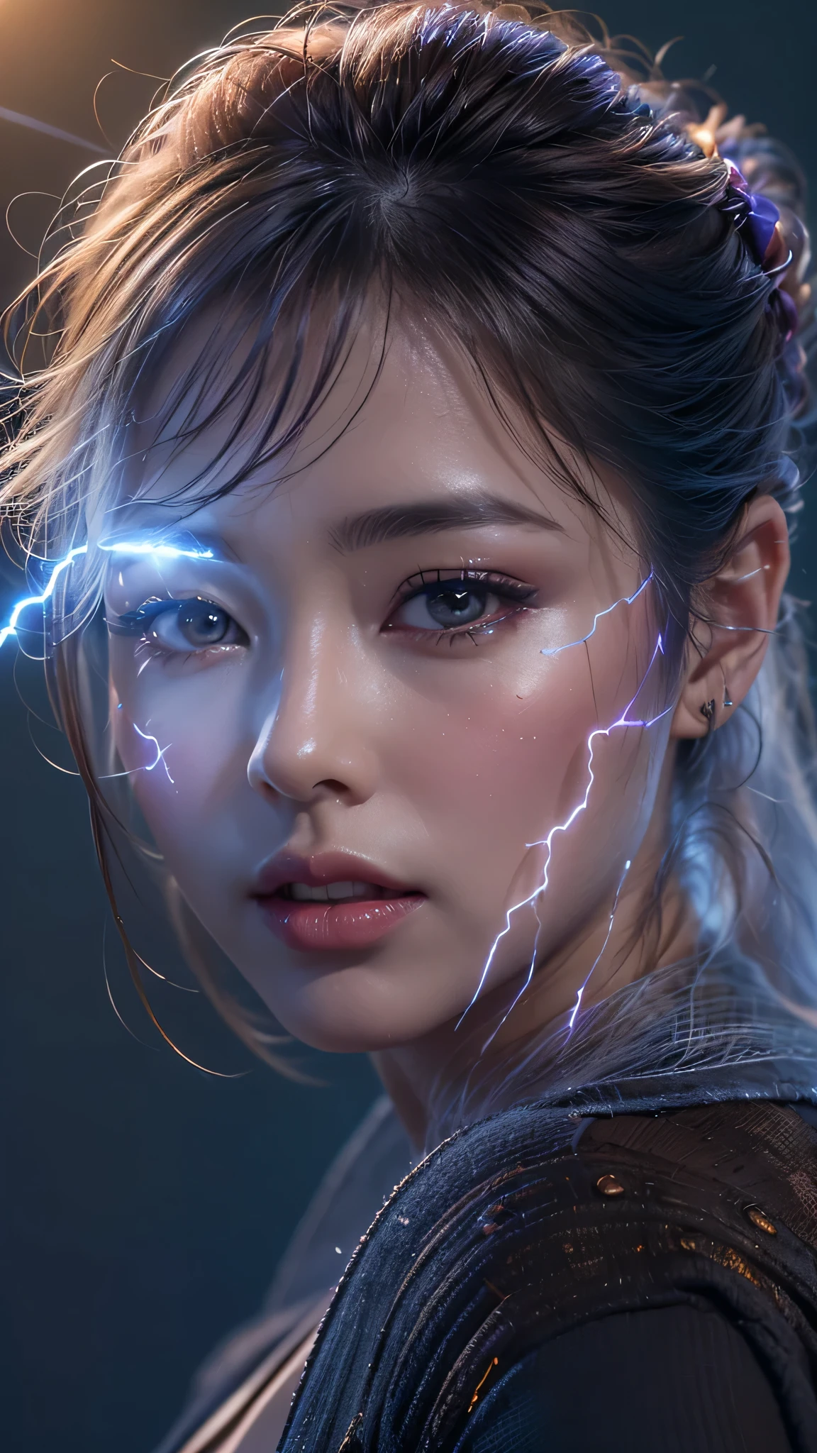 highest quality、High resolution、Super detailed、masterpiece、(Live shooting:1.5)、real:1.5、photorealistic:1.5、very delicate and beautiful、fine details、(Super beautiful detailed face:1.5)、(super detailed eyes:1.3)、(super detailed lips:1.2)、(super Detailed nose:1.2)、(depth of field)、((anatomically correct))、((cleavage:1.3))、(I encourage you to choose a subdued and perfectly coordinated background for your phenomenal, diverse random creation)、(Use any technique of combining materials、 natural、 ((transparent glass dress:1.42))、 and fantasy magic, any style、 any outfit、 choose eyes color、 ((hair is a different color than eyes))、(dynamic random fancy, professional hairstyles)、 1girl:1.4 20years old、fashion supermodel、(Glamour, paparazzi taking pictures of her)、 contrast、 ((Ultraviolet stroboscopic lightning strike shot:1.18))、red_lipstick:1.39、((perfect round eyes))、((transparent glowing glass dress:1.44))、(matte skin:1.45)、(dark_makeup:1.2)、((she attracting lightnings, light effect, feminine, splashes of lightning behind her, electricity aura, expert light effects on figure, fashion neon light, glowing lens flare wraith girl, ultraviolet photography, amazing lighting effect, surreal lighting))、((cowboy shot:1.5))