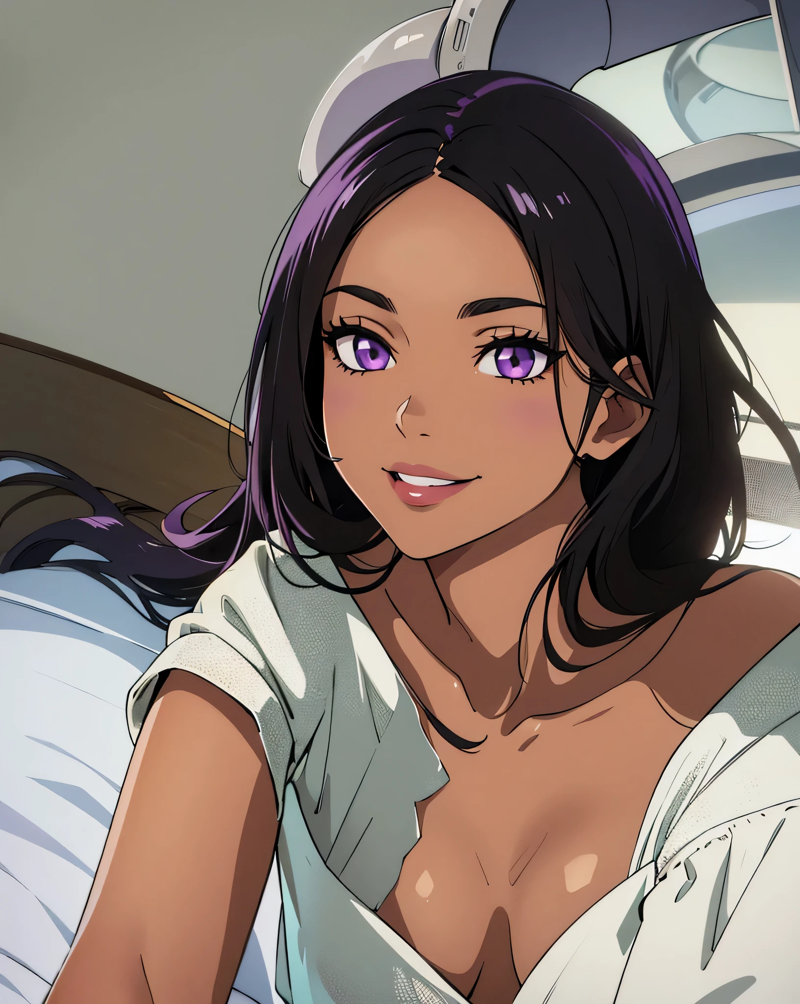 chefs-d'artwork, 1fille, Seulement, ((Cheveux longs noirs), (peau sombre), yeux violets, seins moyens, taille fine, Souriant)