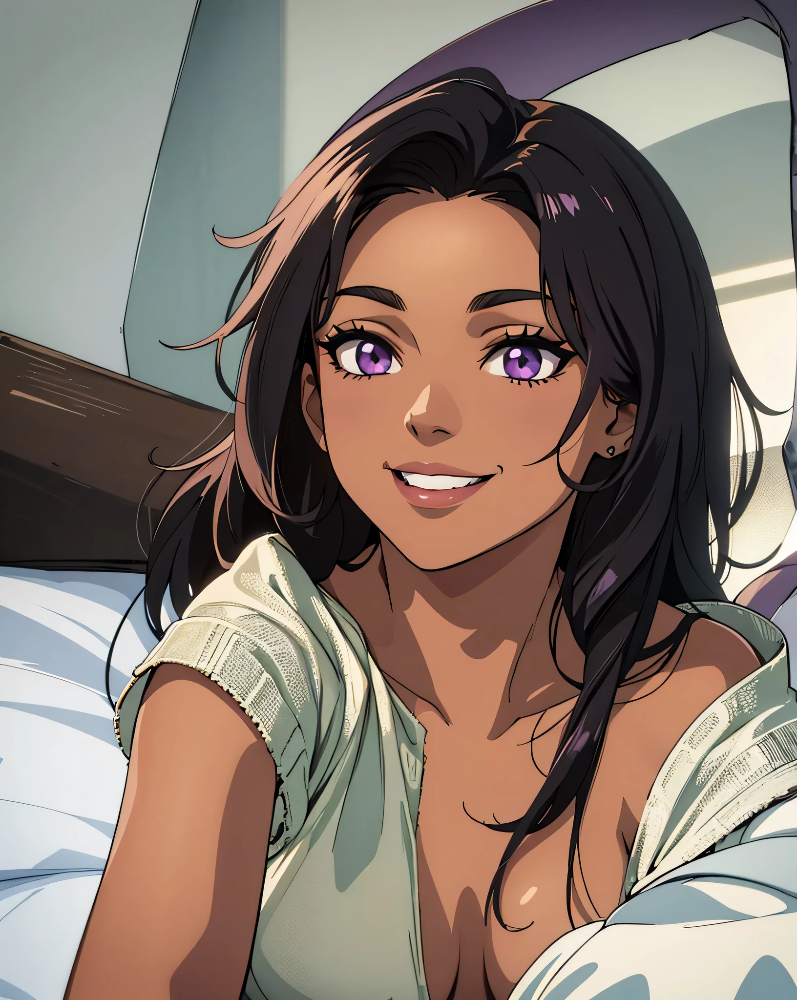 chefs-d'artwork, 1fille, Seulement, ((Cheveux longs noirs), (peau sombre), yeux violets, seins moyens, taille fine, Souriant)