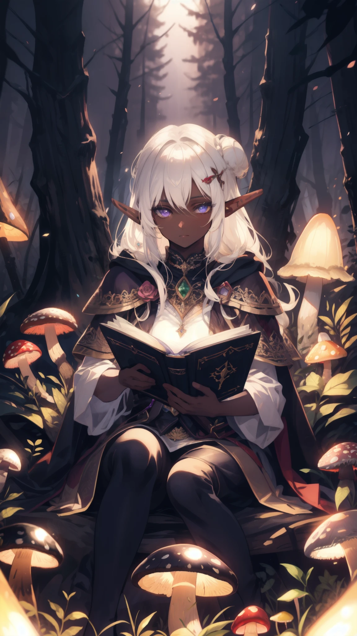 ((masterpiece)), (top quality), (best quality), ((ultra-detailed, 8k quality)), Cinematic lighting, soft semi-backlit light, (detailed line art), absurdres, (best composition), (high-resolution), Aesthetics, cel-shading,
BREAK,
A serene depiction of an dark elf leisurely ((sitting, leaning against a tree)) at mystical forest, The dark elf is engrossed in (reading:1.3) a leather-bound tome of elven poetry, while the fragrance of night-blooming flowers adds to the ethereal ambiance, adorned in intricate dark elven attire, a cloak on her shoulders, (adult:1.2), Fantasy, (mushrooms growing on trees:1.2), (glowing flowers:1.2), (firefly glow:1.25), (bioluminescent mushrooms), (mystical forest), (focused depth of field:1.2), (enchanting forest:1.15),  [cinematic dramatic atmosphere],[atmospheric perspective],
BREAK,
highly detailed of ((dark elf:1.4)), (1girl), solo, perfect face, details eye, hair Bun, (hime cut, bangs:1.2), (white shining hair:1.2), violet eyes, shining eyes, (beautiful detailed eyelashes, eyeshadow, pink eyeshadow),  serious, Concept art by Mikimoto Haruhiko, by Kawacy, By Yoshitaka Amano,
BREAK, 
((perfect anatomy)), perfect body, Abs, (medium breast), perfect hands, perfect face, beautiful face, beautiful eyes, perfect eyes, (perfect fingers, deatailed fingers), correct anatomy, perfect legs, (dark skin:1.2),