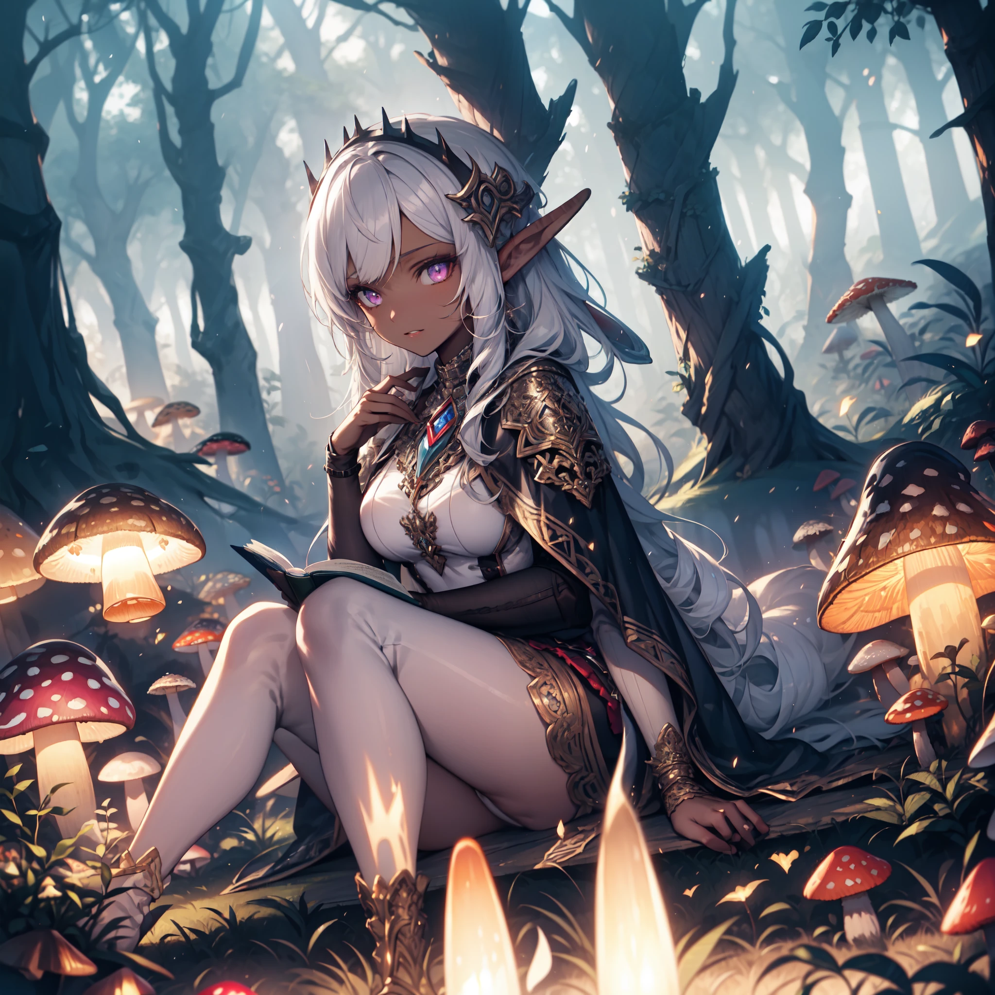 ((masterpiece)), (top quality), (best quality), ((ultra-detailed, 8k quality)), Cinematic lighting, soft semi-backlit light, (detailed line art), absurdres, (best composition), (high-resolution), Aesthetics, cel-shading,
BREAK,
A serene depiction of an dark elf leisurely ((sitting, leaning against a tree)) at mystical forest, The dark elf is engrossed in (reading:1.3) a leather-bound tome of elven poetry, while the fragrance of night-blooming flowers adds to the ethereal ambiance, adorned in intricate dark elven attire, a cloak on her shoulders, (adult:1.2), Fantasy, (mushrooms growing on trees:1.2), (glowing flowers:1.2), (firefly glow:1.25), (bioluminescent mushrooms), (mystical forest), (focused depth of field:1.2), (enchanting forest:1.15),  [cinematic dramatic atmosphere],[atmospheric perspective],
BREAK,
highly detailed of ((dark elf:1.4)), (1girl), solo, perfect face, details eye, hair Bun, (hime cut, bangs:1.2), (white shining hair:1.2), violet eyes, shining eyes, (beautiful detailed eyelashes, eyeshadow, pink eyeshadow),  serious, Concept art by Mikimoto Haruhiko, by Kawacy, By Yoshitaka Amano,
BREAK, 
((perfect anatomy)), perfect body, Abs, (medium breast), perfect hands, perfect face, beautiful face, beautiful eyes, perfect eyes, (perfect fingers, deatailed fingers), correct anatomy, perfect legs, (dark skin:1.2),