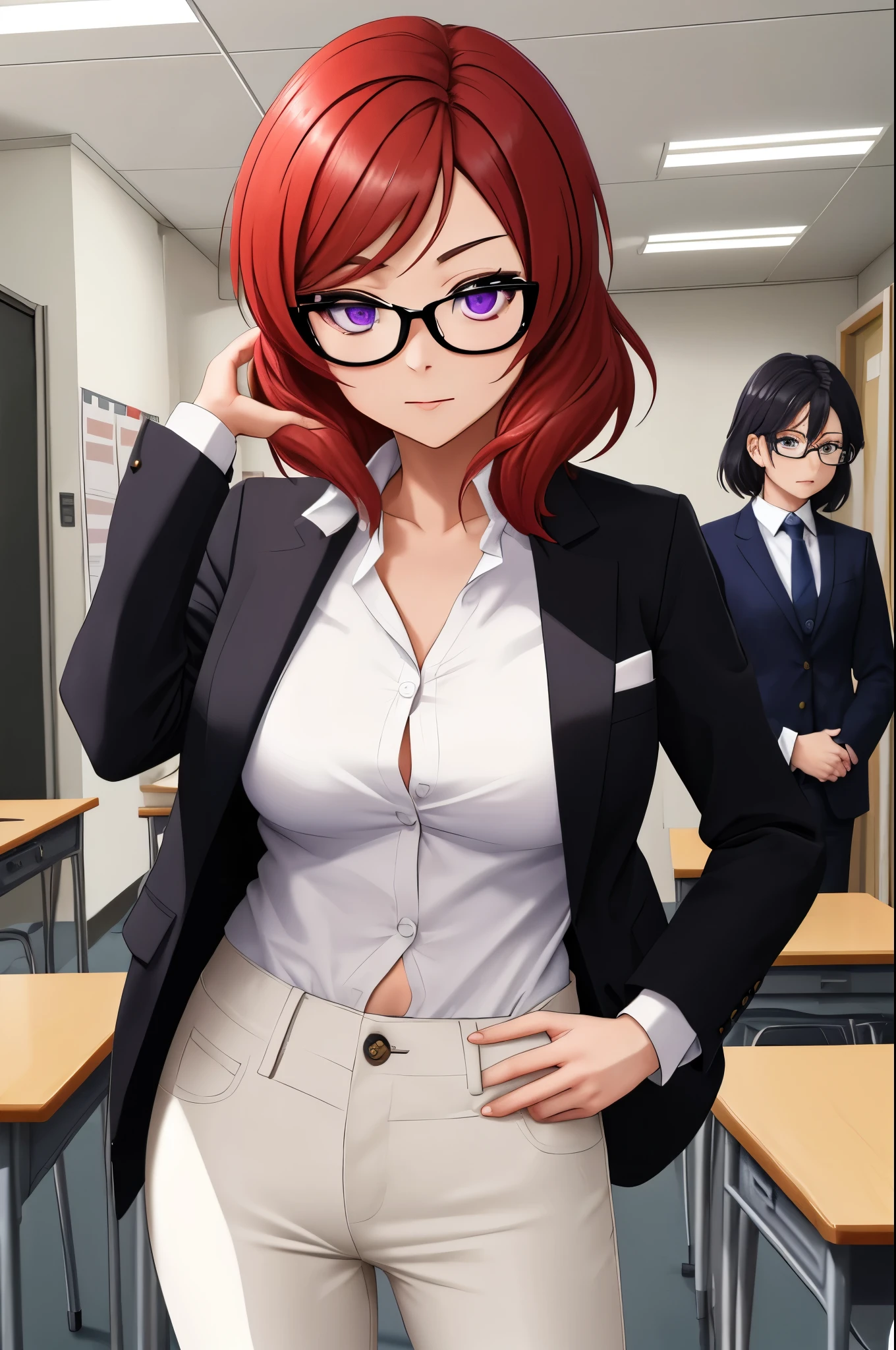 masterpiece, best quality,solo,nishikino maki, purple eyes, breasts, looking at viewer , black suit jacket with white shirt, black pants , glasses,in class, standing