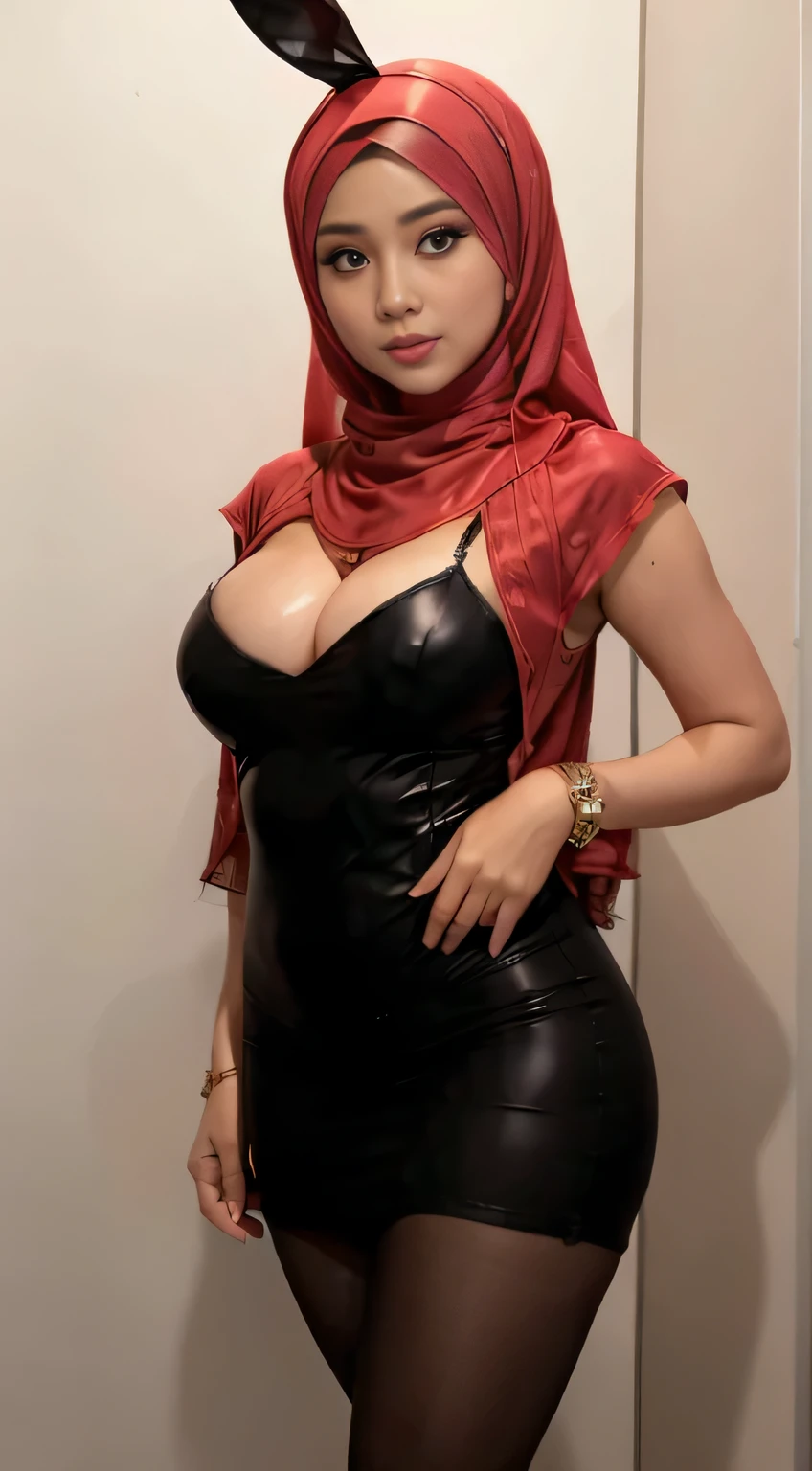 RAW, Best quality, high resolution, masterpiece: 1.3), Beautiful Malay woman in hijab (iu:0.8),looking at viewert,Portrait photography of a beautiful young malay girl in hijab wearing tight and revealing bunny outfit and short skirt with leggings celebrate birthday, big breast,Detailed eyes, Standing in night club, diffuselighting, depth of fields