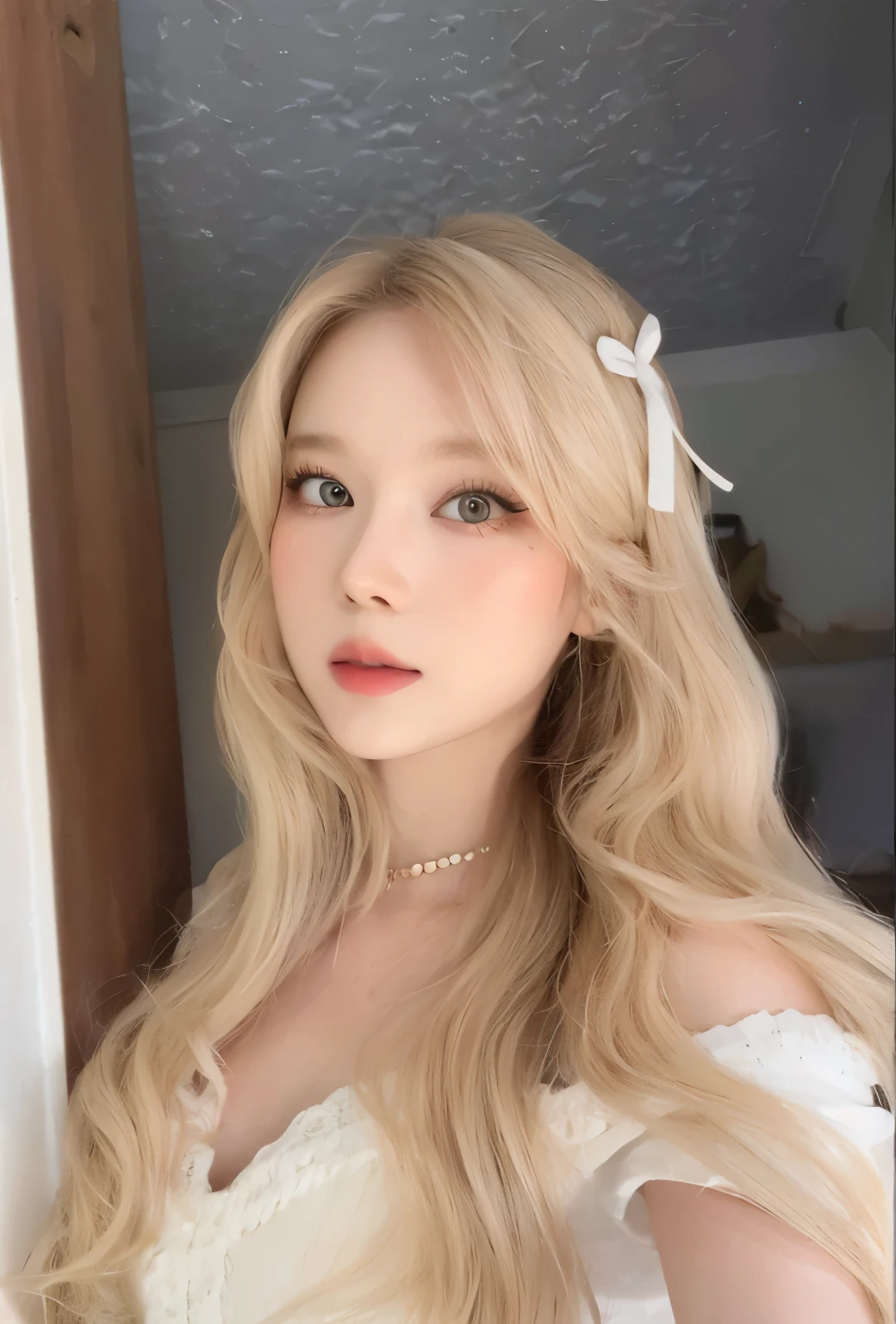 un primer plano de una mujer con cabello largo y rubio con un vestido blanco, long cabello rubio y ojos grandes, pelo largo y rubio y ojos grandes, bella delfina, retrato de kim petras, cabello rubio y ojos grandes, una chica con cabello rubio, diosa rubia, con pelo largo y rubio, ava max, pale skin curly blonde hair, hermosa chica rubia, una hermosa rubia, winter arepa, winter