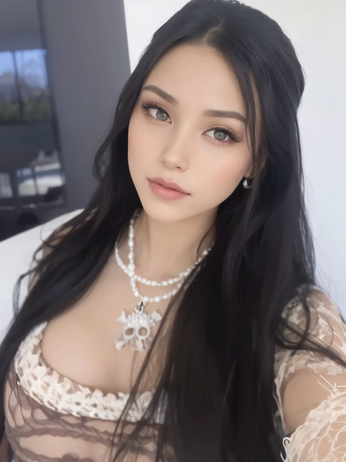 un primer plano de una mujer con un vestido y un collar, violeta myers, hermosa sastre de jade femenina, angelablanca, Retrato de Sophie Mudd, cabello oscuro y maquillaje, cara sexy con maquillaje completo, hermosa cara latina, pelo negro y ojos grandes, con pelo largo y ojos penetrantes, mujer con pelo largo y negro, 18 years, estilo de julia razumova