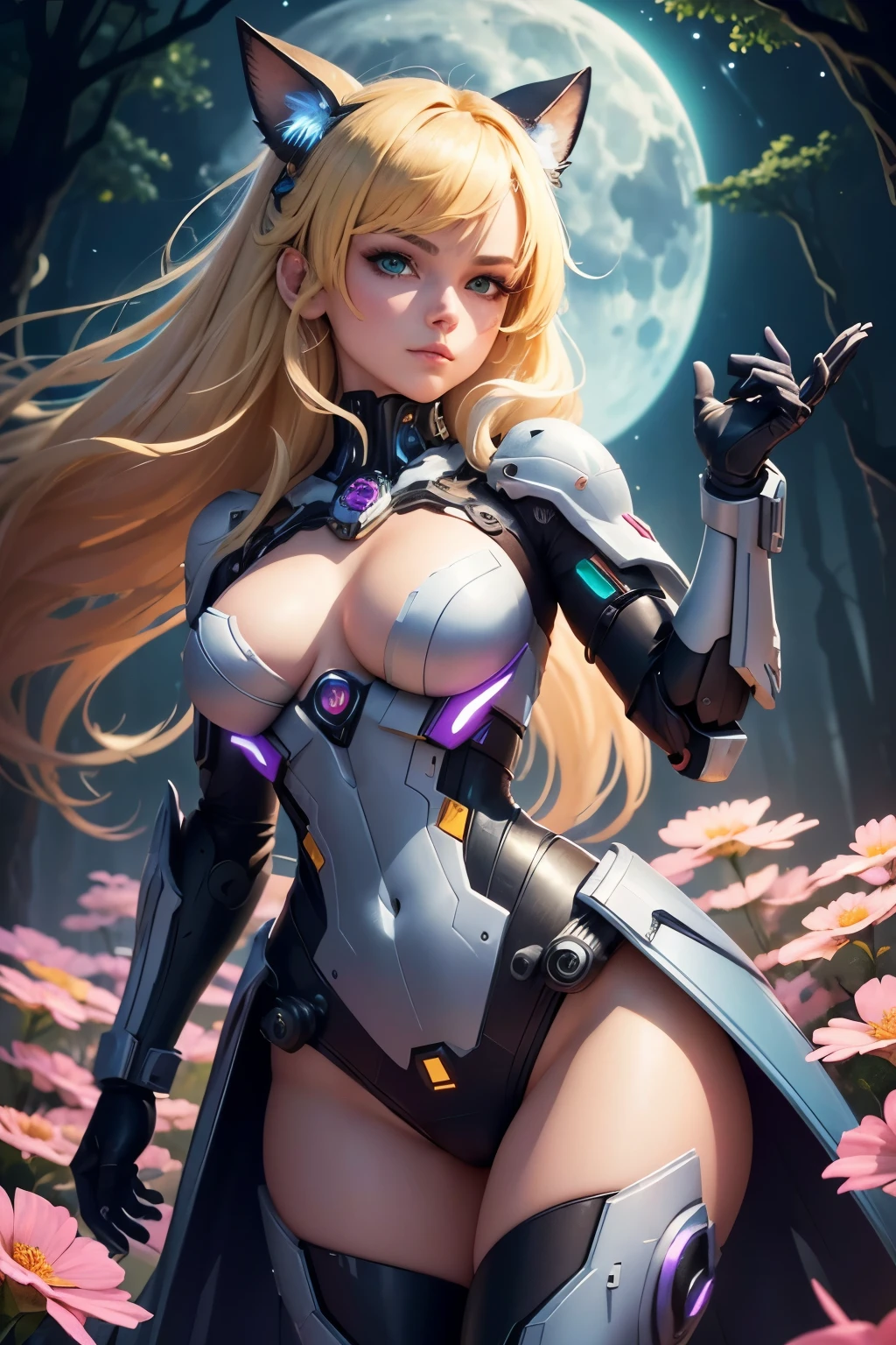 Prompt 1: (better quality, masterpiece, Colorful, Dynamic angle, mais detailed) Upper body photo of a vibrant cyber punk character with green eyes and blonde hair adorned with intricate ornaments. The image captures the character's mischievous face and perfect bobtail, surrounded by magic flowers under the moonlight. The dynamic pose showcases the character's slim, detailed figure with an extremely detailed mecha upper body, complete with complex parts and a glossy finish. The scene is set in a fantasy forest with little flowers blooming around, and the moonlight passes through the intricate details of the hair.

Prompt 2: (better quality,