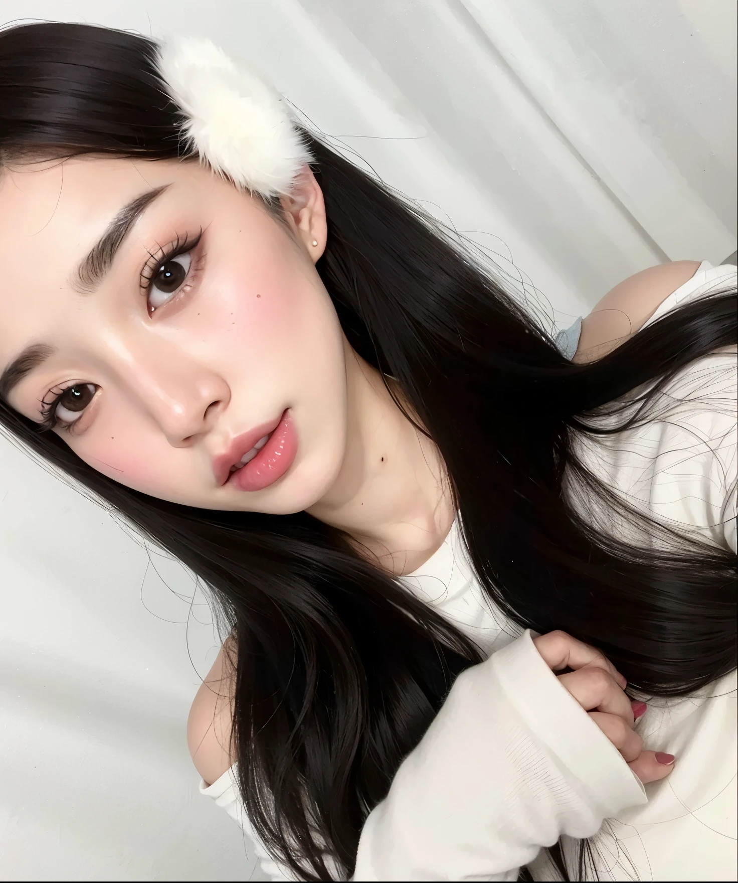 There is a woman with long black hair wearing a white top, Ulzzang, adorable and pale korean face, pale, snow-white skin, dilraba dilmurat, young pale and beautiful asian face, sakimichan, Clear, high-quality lips, young lovely korean face, garota cara fofa, lindo rosto de garotas japonesas, coreana, pele branca leitosa
