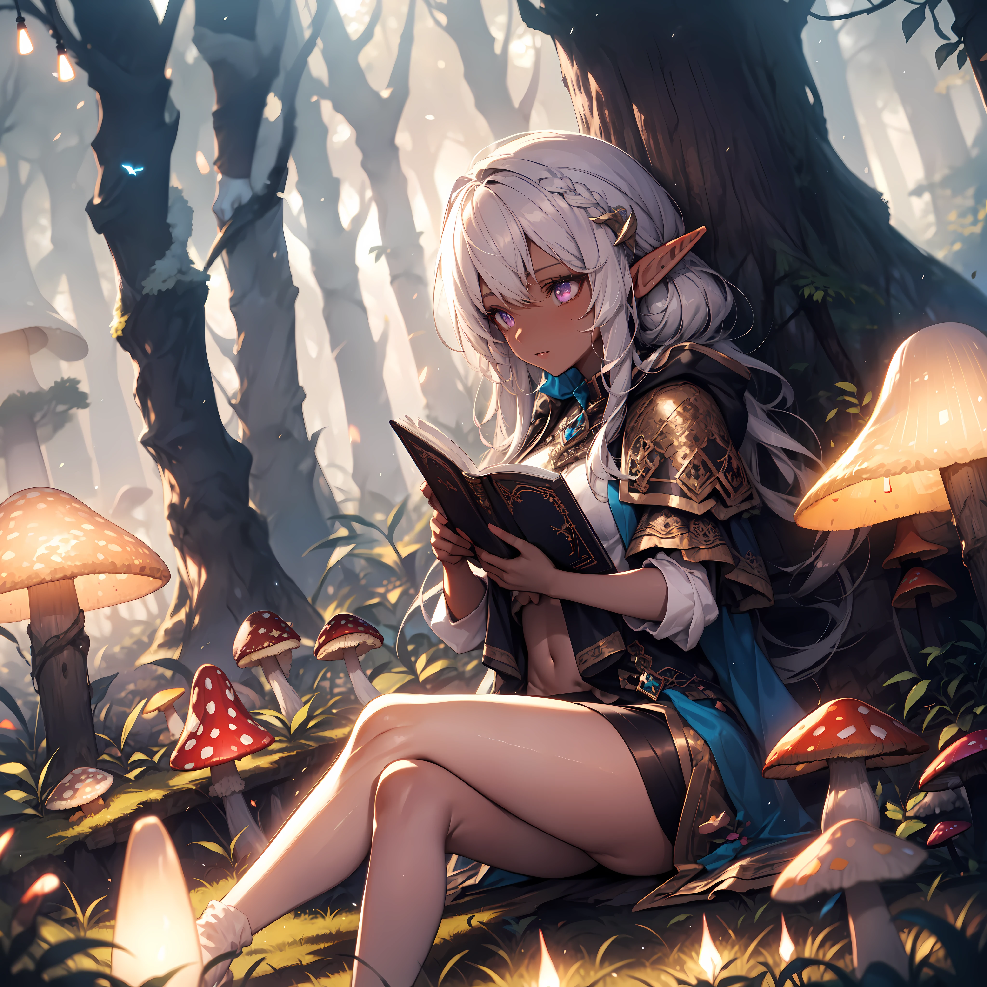 ((masterpiece)), (top quality), (best quality), ((ultra-detailed, 8k quality)), Cinematic lighting, soft semi-backlit light, (detailed line art), absurdres, (best composition), (high-resolution), Aesthetics, cel-shading,
BREAK,
A serene depiction of an dark elf leisurely ((sitting, leaning against a tree)) at mystical forest, The dark elf is engrossed in (reading:1.3) a leather-bound tome of elven poetry, while the fragrance of night-blooming flowers adds to the ethereal ambiance, adorned in intricate dark elven attire, a cloak on her shoulders, (adult:1.2), Fantasy, (mushrooms growing on trees:1.2), (glowing flowers:1.2), (firefly glow:1.25), (bioluminescent mushrooms), (mystical forest), (focused depth of field:1.2), (enchanting forest:1.15),  [cinematic dramatic atmosphere],[atmospheric perspective],
BREAK,
highly detailed of ((dark elf:1.4)), (1girl), solo, perfect face, details eye, hair Bun, (hime cut, bangs:1.2), (white shining hair:1.2), violet eyes, shining eyes, (beautiful detailed eyelashes, eyeshadow, pink eyeshadow),  serious, Concept art by Mikimoto Haruhiko, by Kawacy, By Yoshitaka Amano,
BREAK, 
((perfect anatomy)), perfect body, Abs, (medium breast), perfect hands, perfect face, beautiful face, beautiful eyes, perfect eyes, (perfect fingers, deatailed fingers), correct anatomy, perfect legs, (dark skin:1.2),