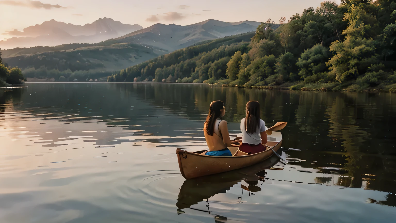 best quality, dreamy colors, serene atmosphere, gentle ripples on water, vibrant reflections, calming melodies, 2 girls in a canoe, acoustic guitar, quiet lake, sunset, soft light