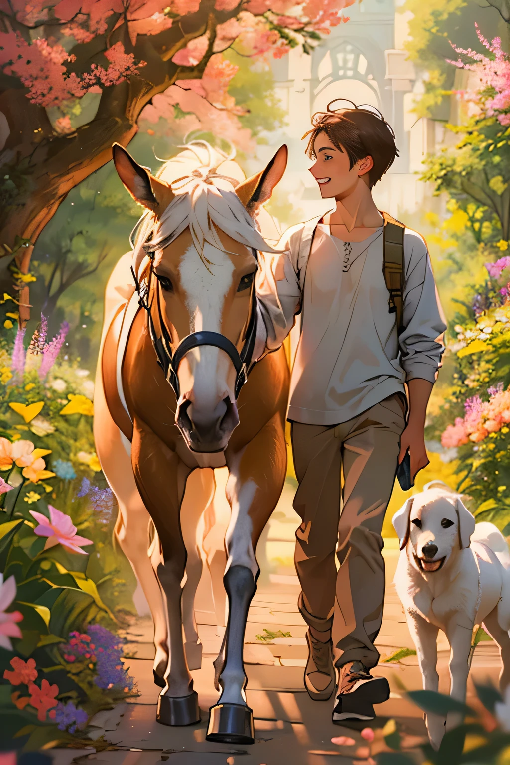 14 years old one boy slim and tall holding one Squirrel, walking with one dog, one white horse standing close by, one boy holding one squirrel, walking with one Dog and one White horse, there is a path that leads to a mountain with flowers, blossoming path to heaven, vast lush valley flowers, natural landscape beauty, beautiful landscape, magical landscape, amazing landscape, scenic colorful environment, marc adamus, a beautiful landscape, epic beautiful landscape, beautiful dreamy landscape, breathtaking landscape, mythical floral hills, extraordinary colorful landscape, stunning landscape, lush scenic landscape. The slim and tall 14 years old one boy's smile is the focal point of the scene. 14 years old one boy, one Squirrel, one dog, one white horse. one 14 years old boy holding a squirrel in hands, one white horse, horse, white horse, one wiggled brown and white dog, dog wiggled brown and white, one white horse, white horse, one 14 years old boy holding a squirrel in hands,  --seed 2063584062