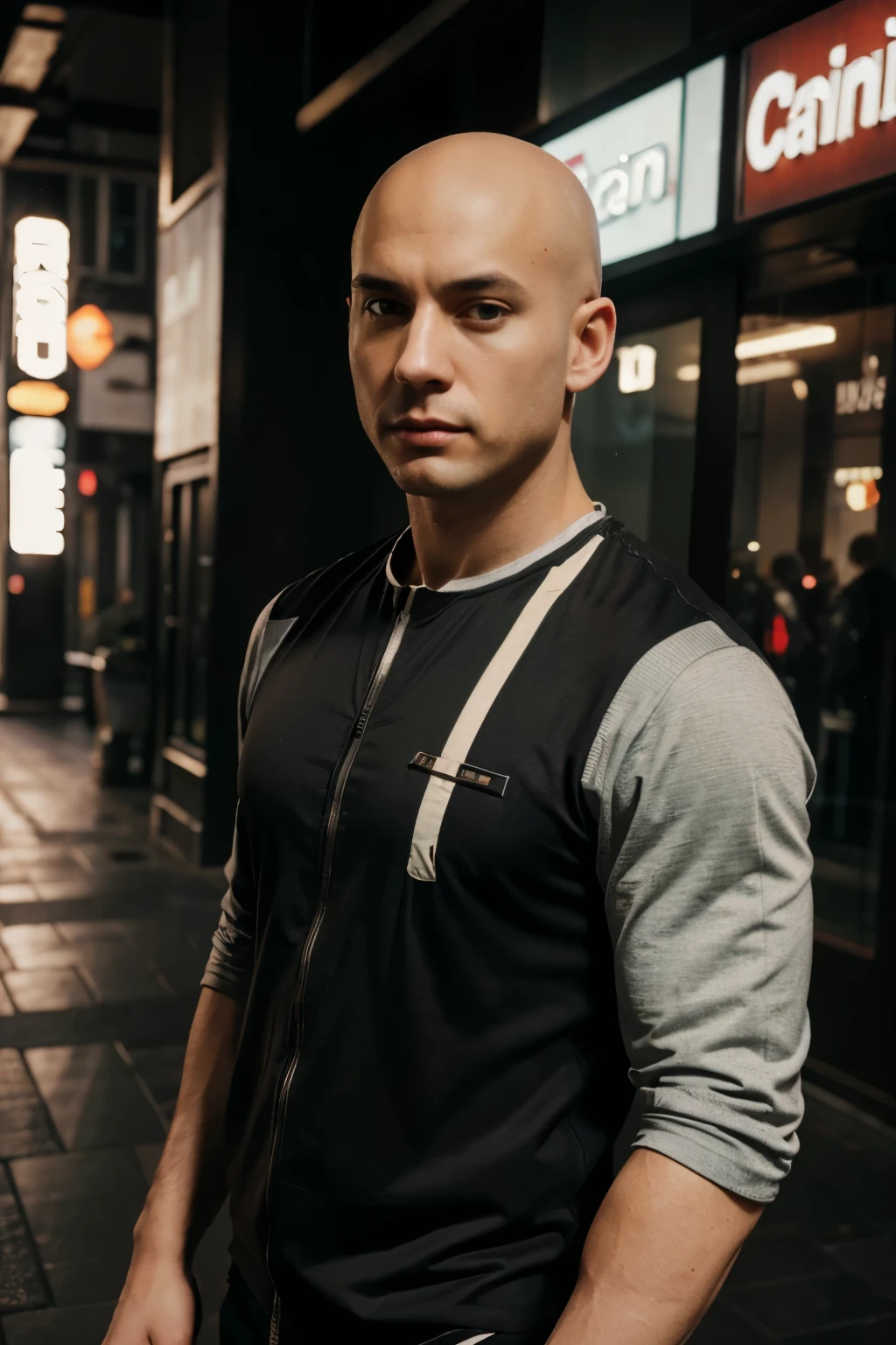 (highres,realistic),(man:1.1),(bald),(casual clothes),(half body photo),(beautiful),anime,futuristic luxury background
